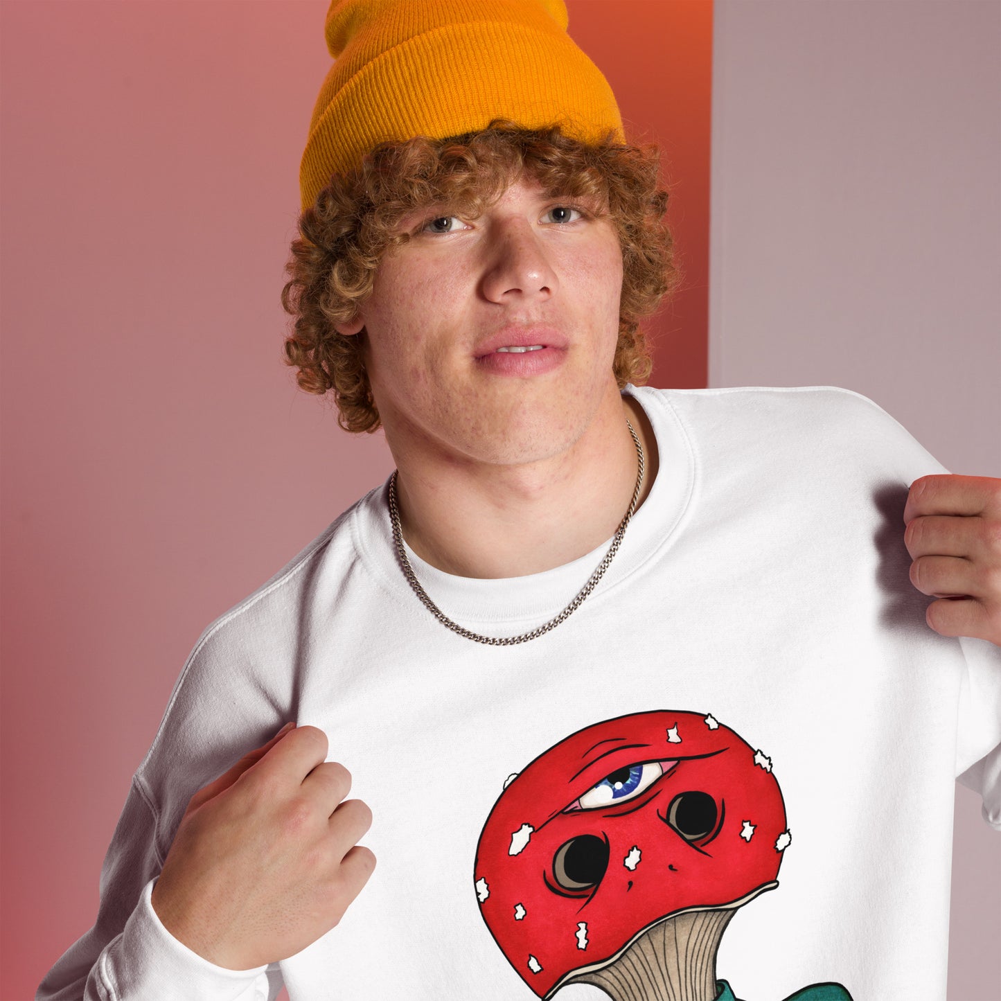 male wears trippy toadstool mushroom man named Dave printed on a white unisex sweatshirt 