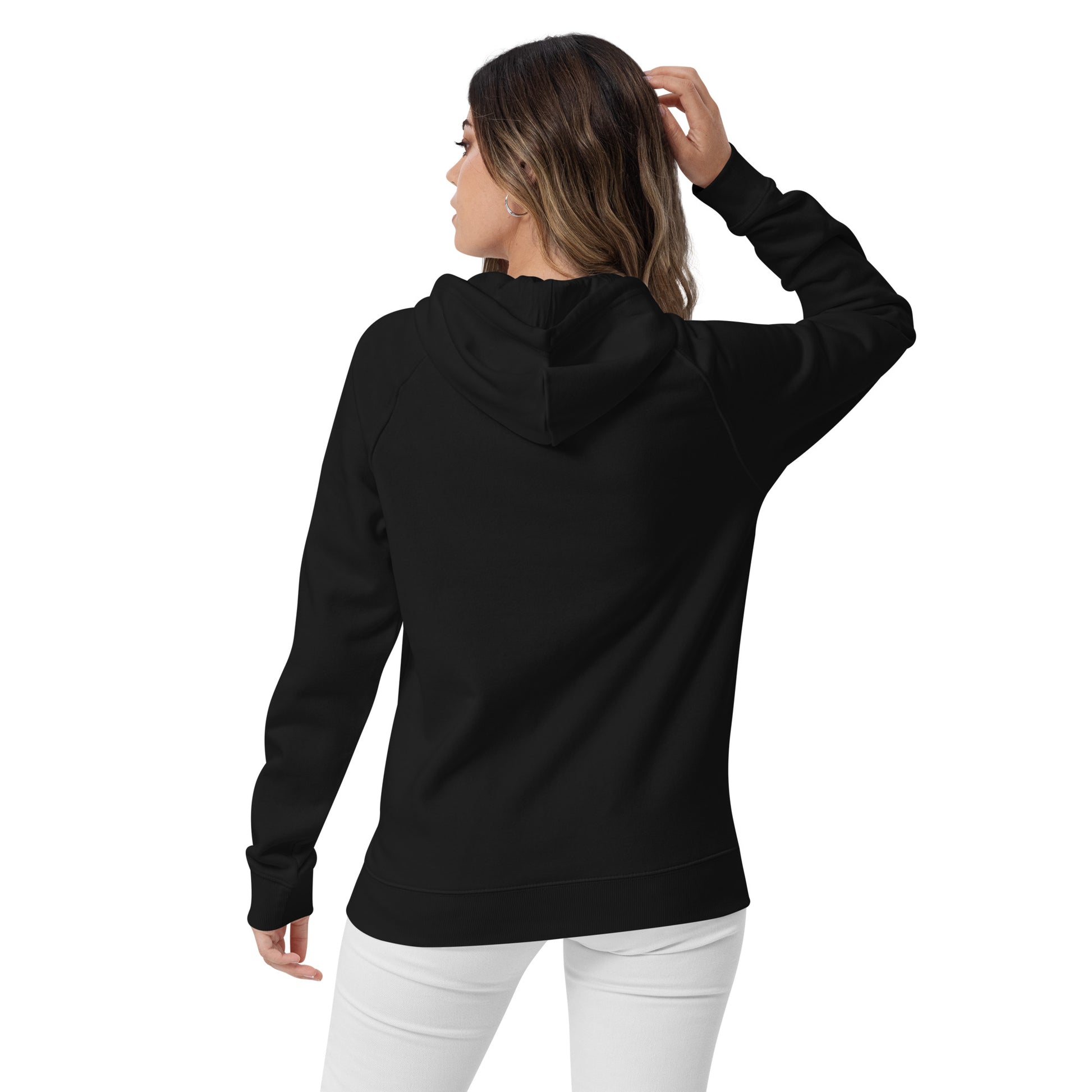 female model wears black hoodie back view