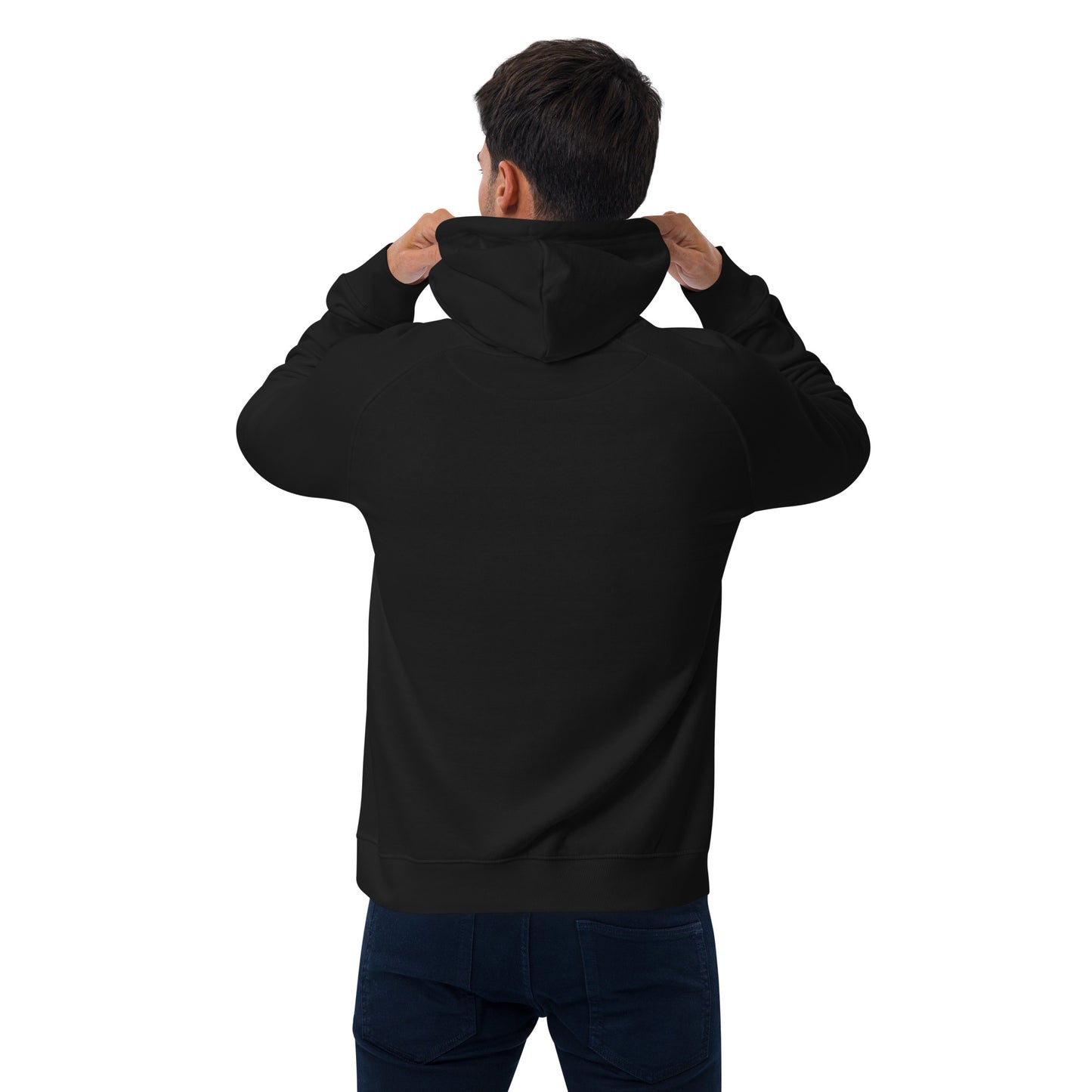 male model wears black hoodie back view