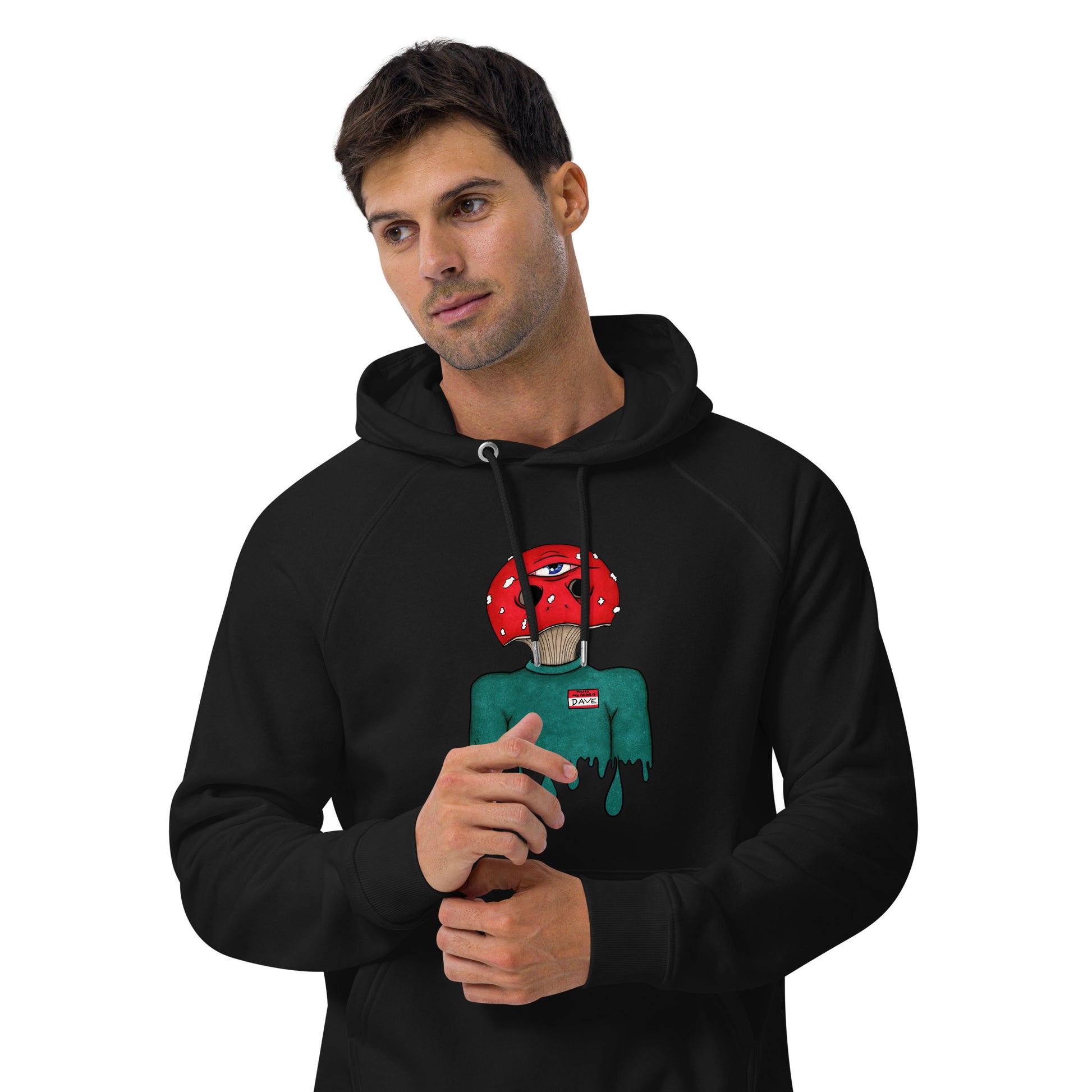 male model wears trippy toadstool mushroom man named Dave printed on a black unisex eco raglan hoodie 