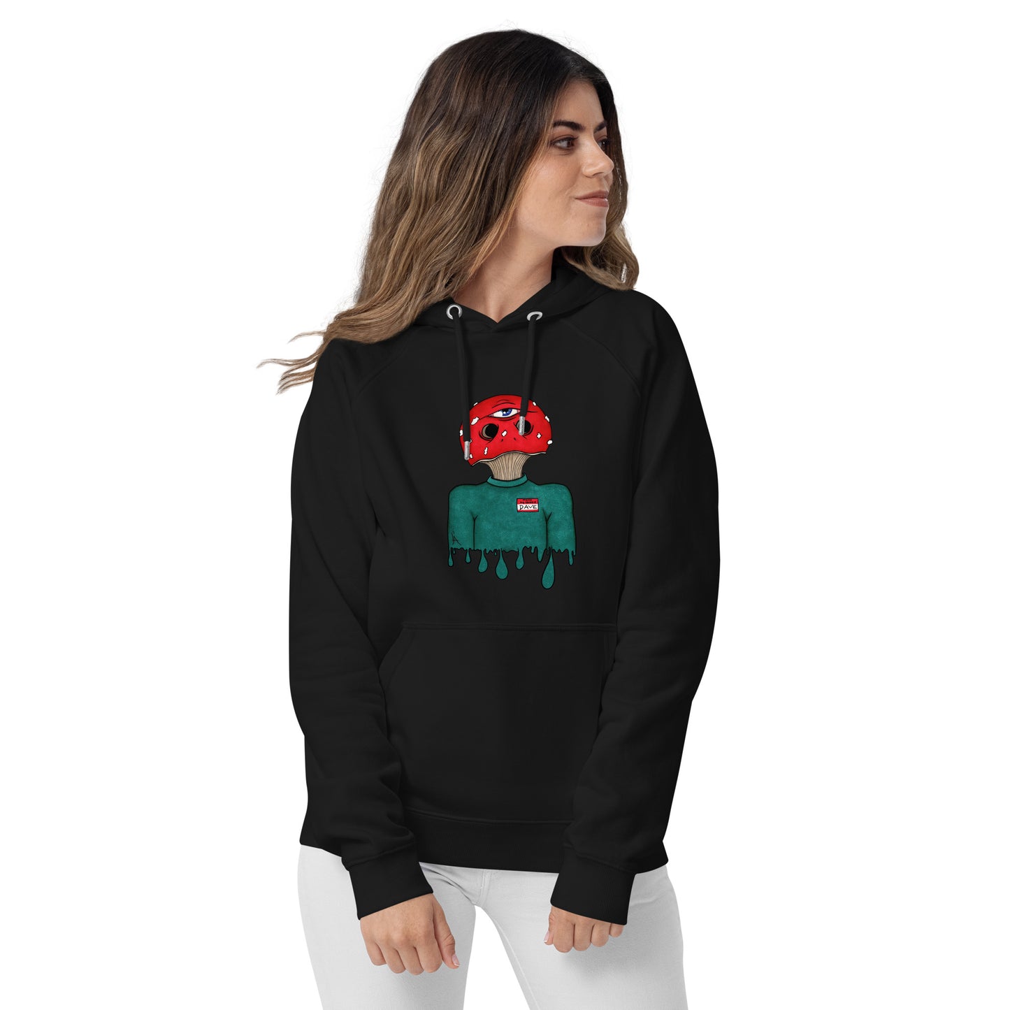 female model wears trippy toadstool mushroom man named Dave printed on a black unisex eco raglan hoodie 