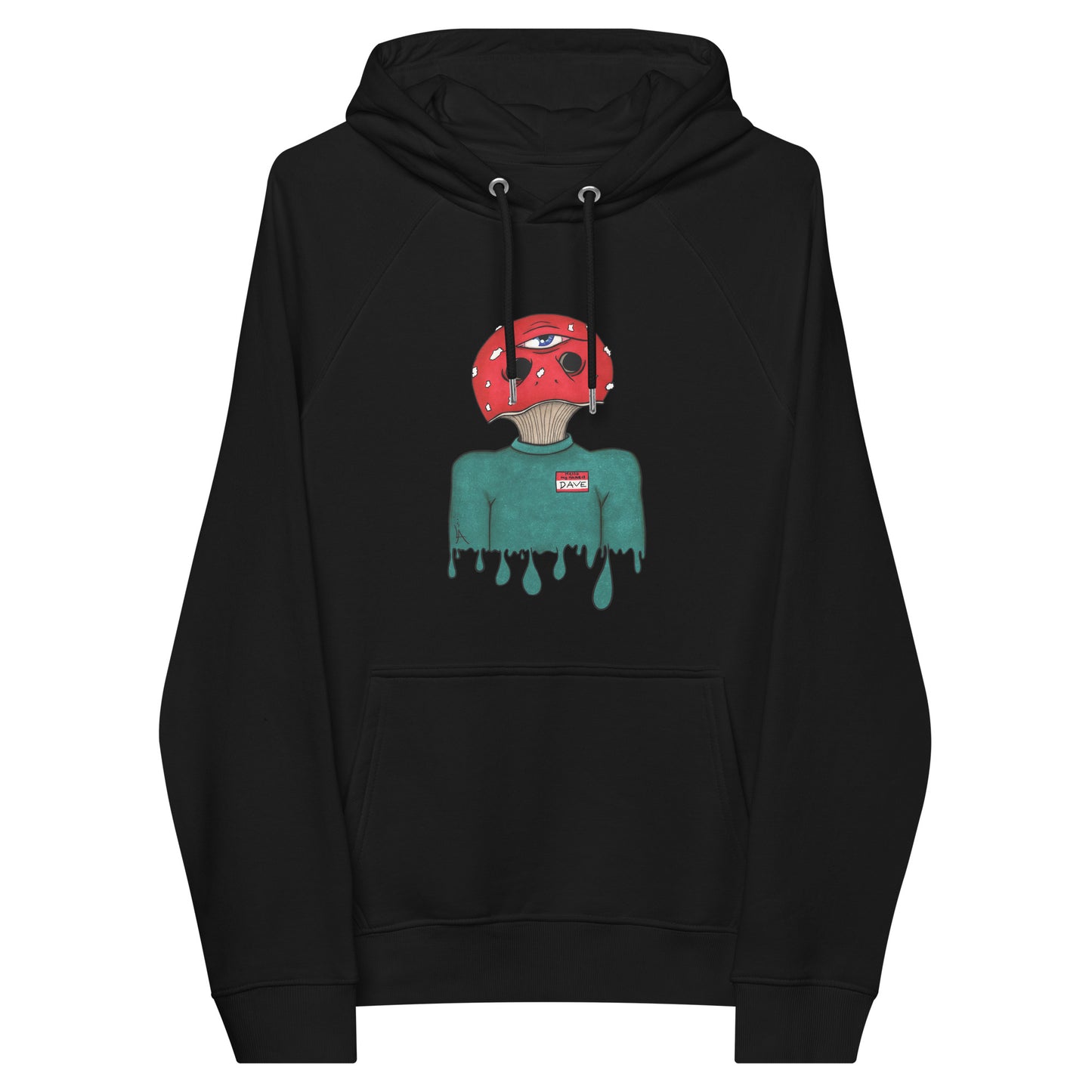 trippy toadstool mushroom man named Dave printed on a black unisex eco raglan hoodie 