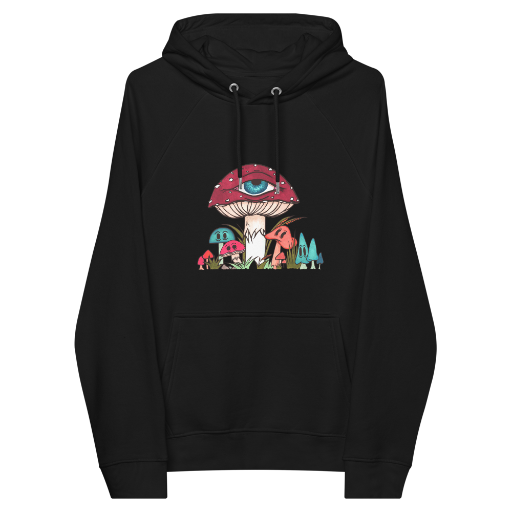 black eco raglan hoodie red and white toadstool mushroom with all seeing eye smaller surrounding blue orange and red mushrooms