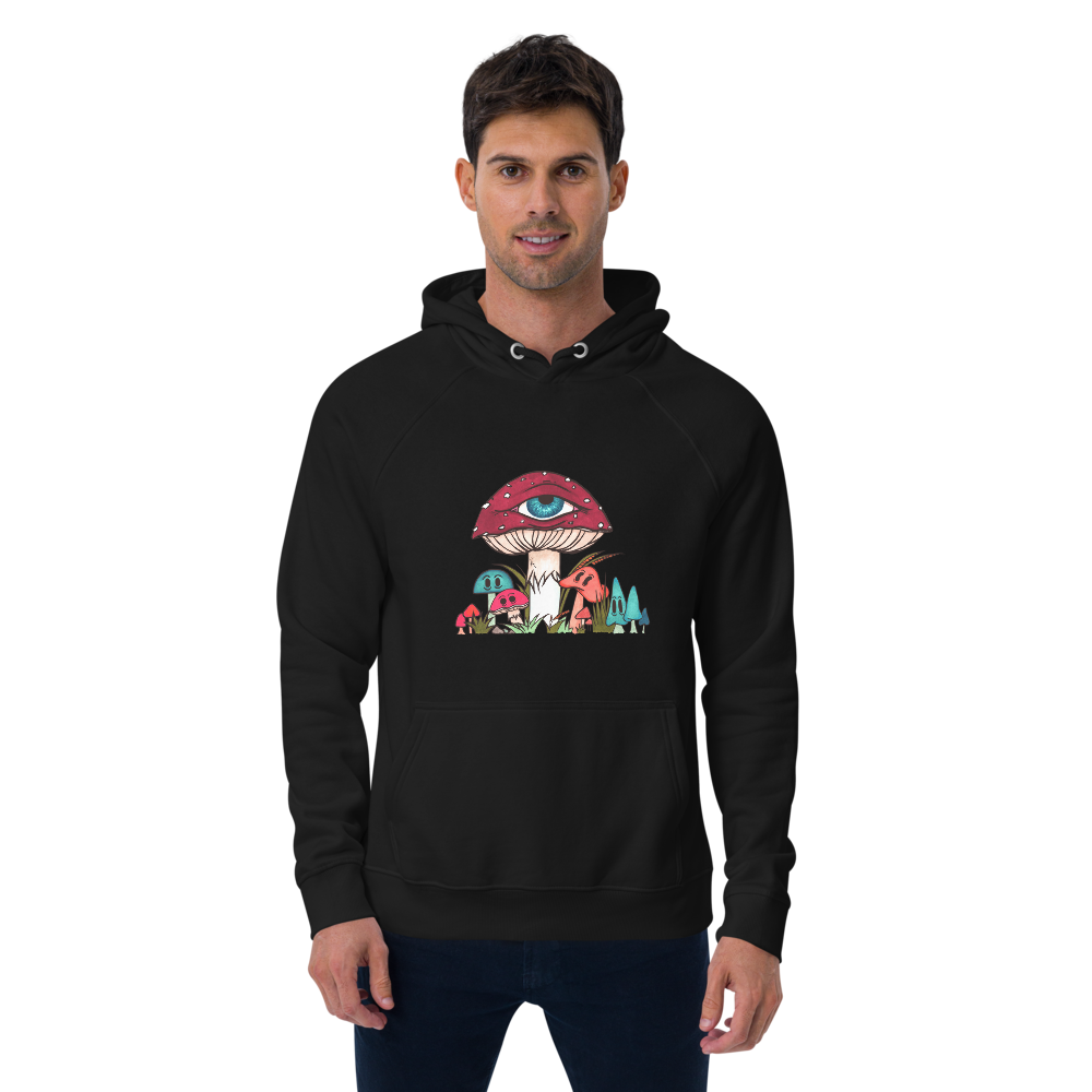 male wears black eco raglan hoodie red and white toadstool mushroom with all seeing eye smaller surrounding blue orange and red mushrooms