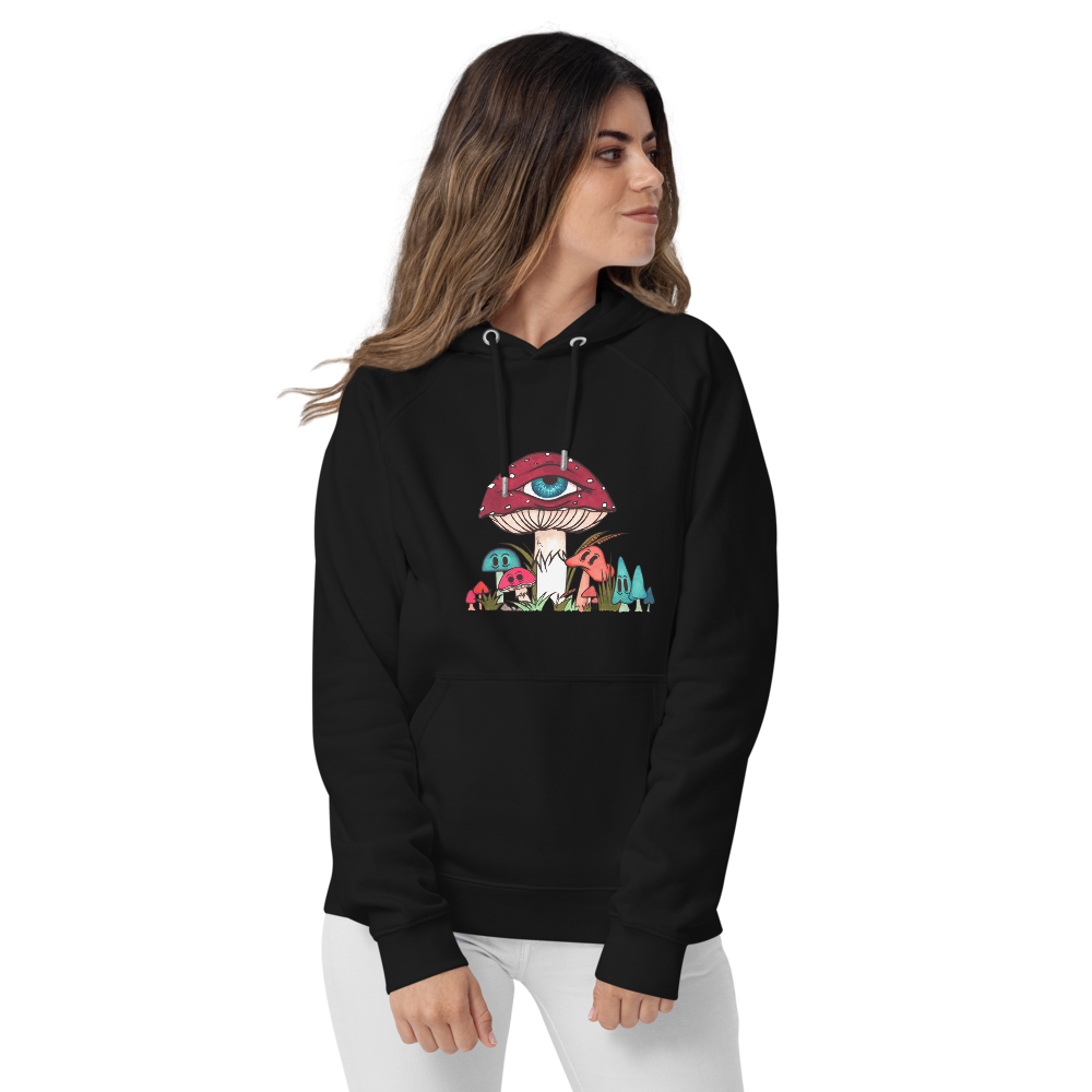 female wears black eco raglan hoodie red and white toadstool mushroom with all seeing eye smaller surrounding blue orange and red mushrooms