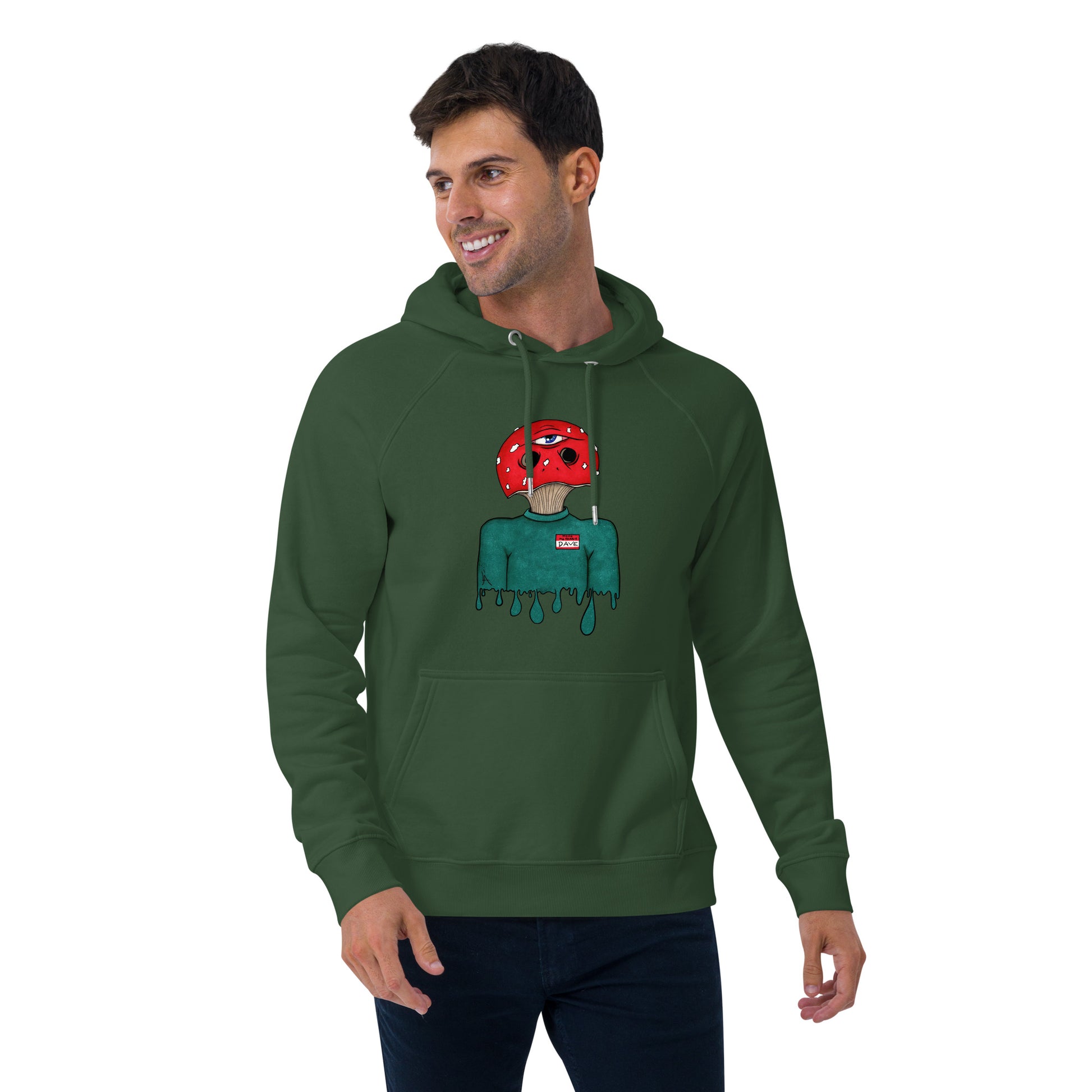 male wears trippy toadstool mushroom man named Dave printed on a bottle green unisex eco raglan hoodie 