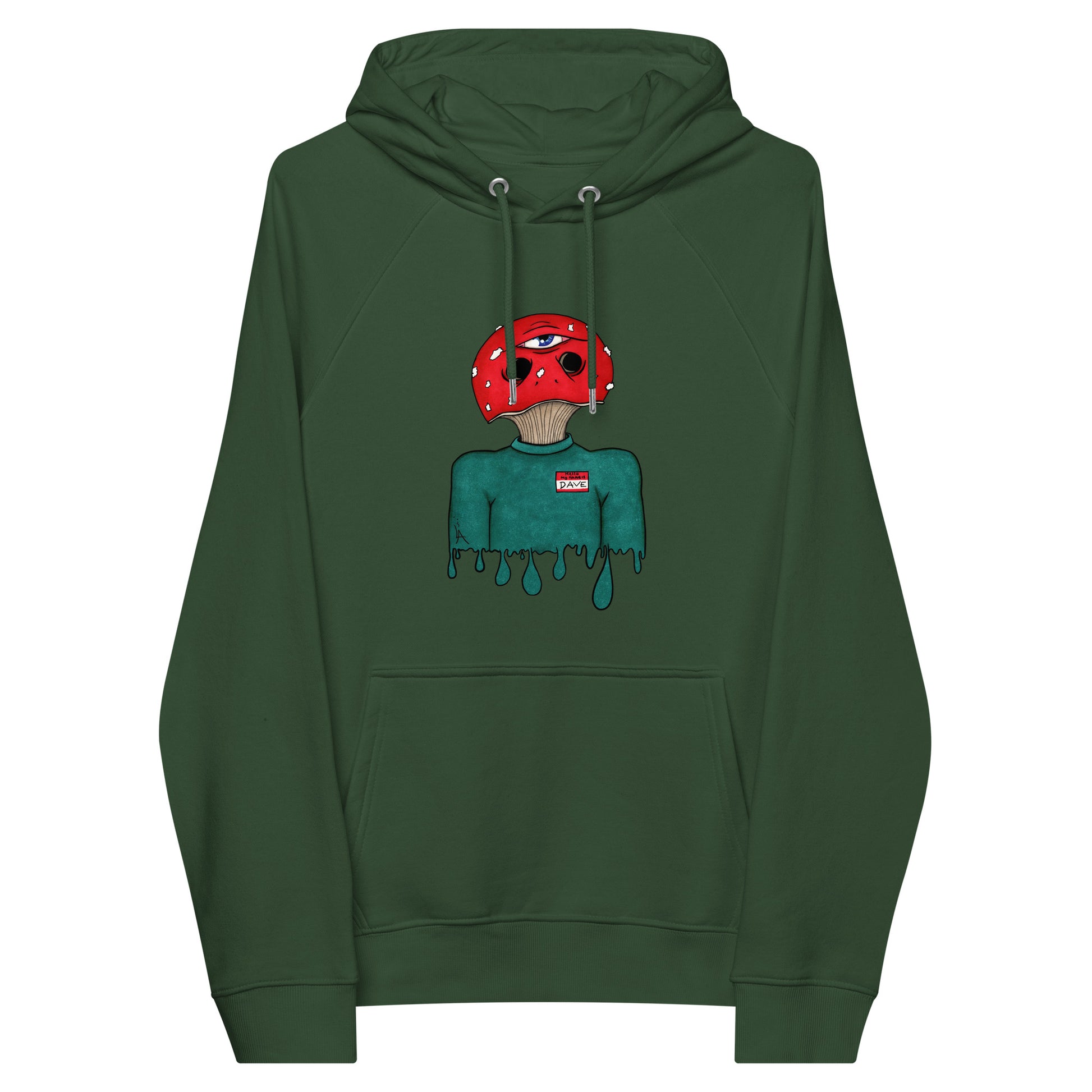 trippy toadstool mushroom man named Dave printed on a bottle green unisex eco raglan hoodie 