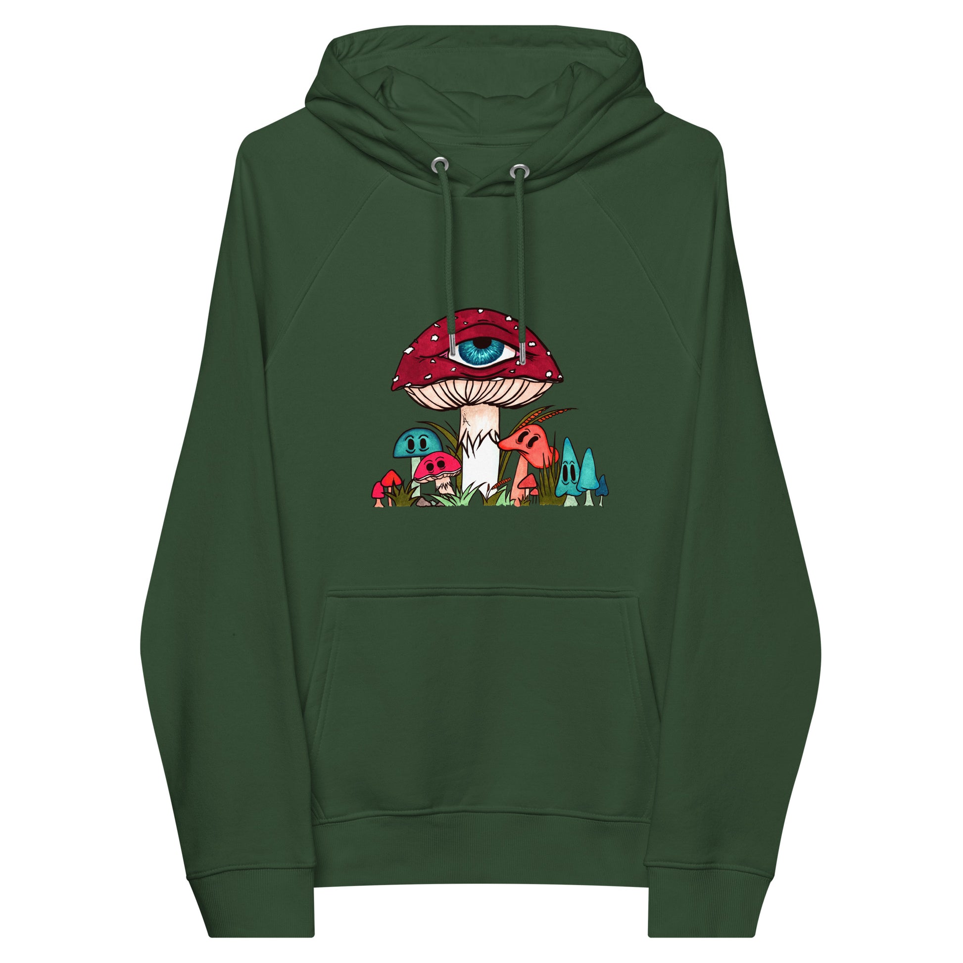 bottle green eco raglan hoodie red and white toadstool mushroom with all seeing eye smaller surrounding blue orange and red mushrooms