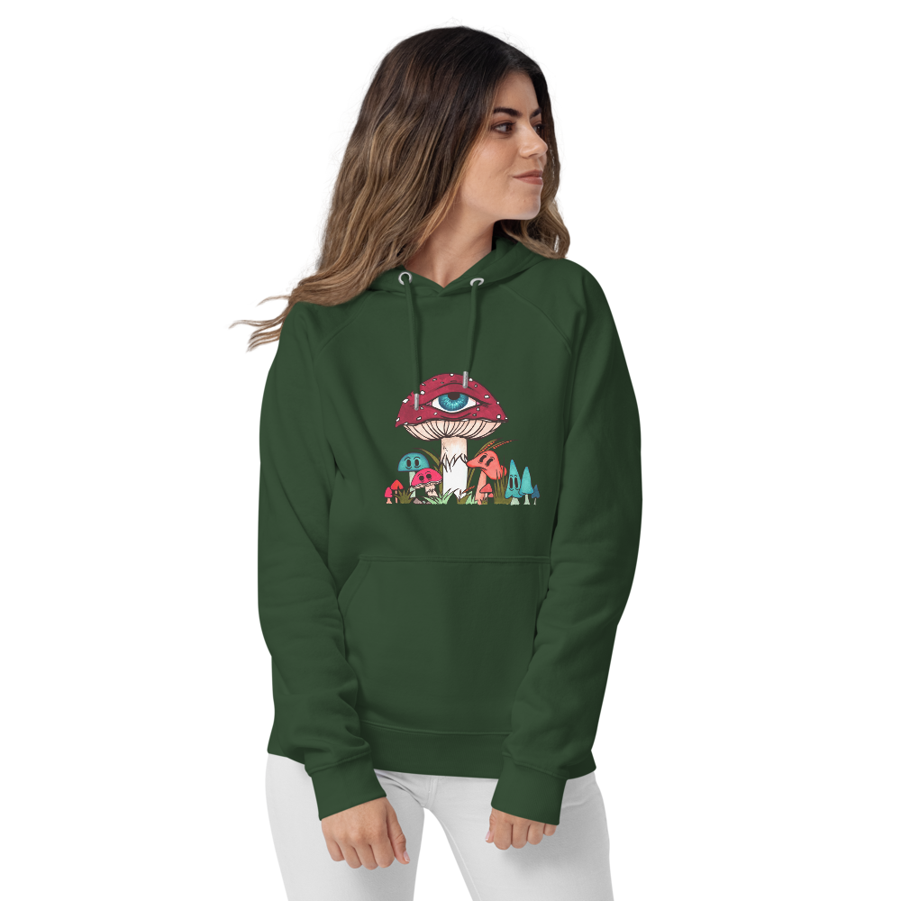 female wears bottle green eco raglan hoodie red and white toadstool mushroom with all seeing eye smaller surrounding blue orange and red mushrooms