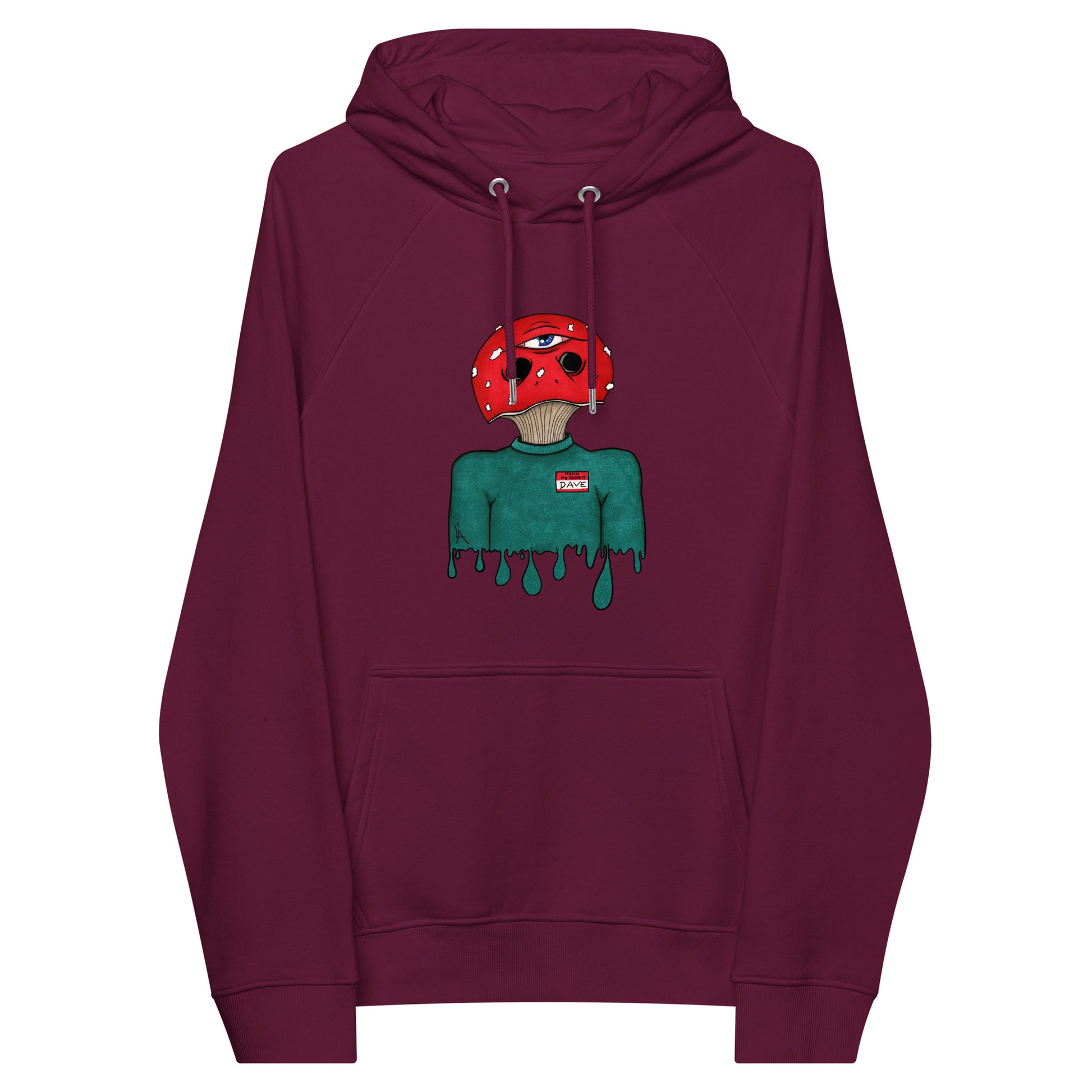 trippy toadstool mushroom man named Dave printed on a burgundy unisex eco raglan hoodie 