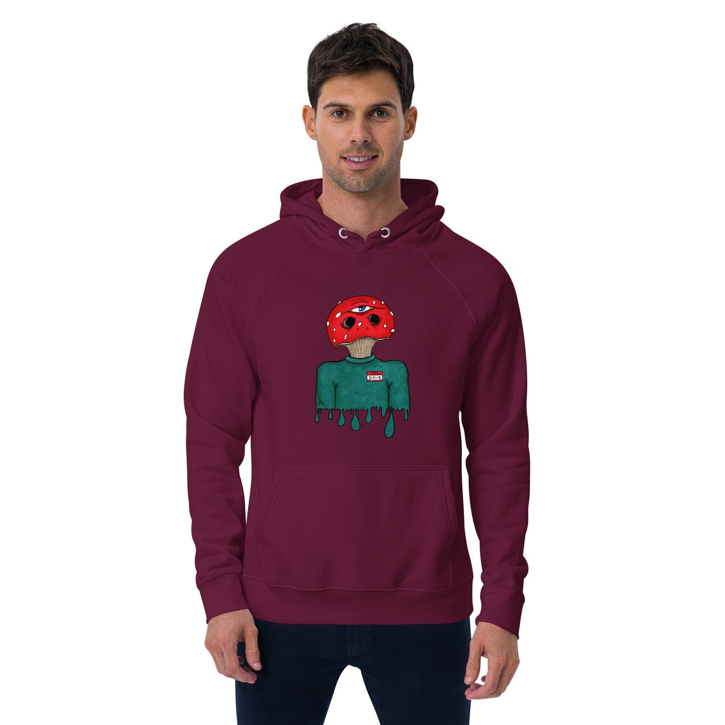 male wears trippy toadstool mushroom man named Dave printed on a burgundy unisex eco raglan hoodie 