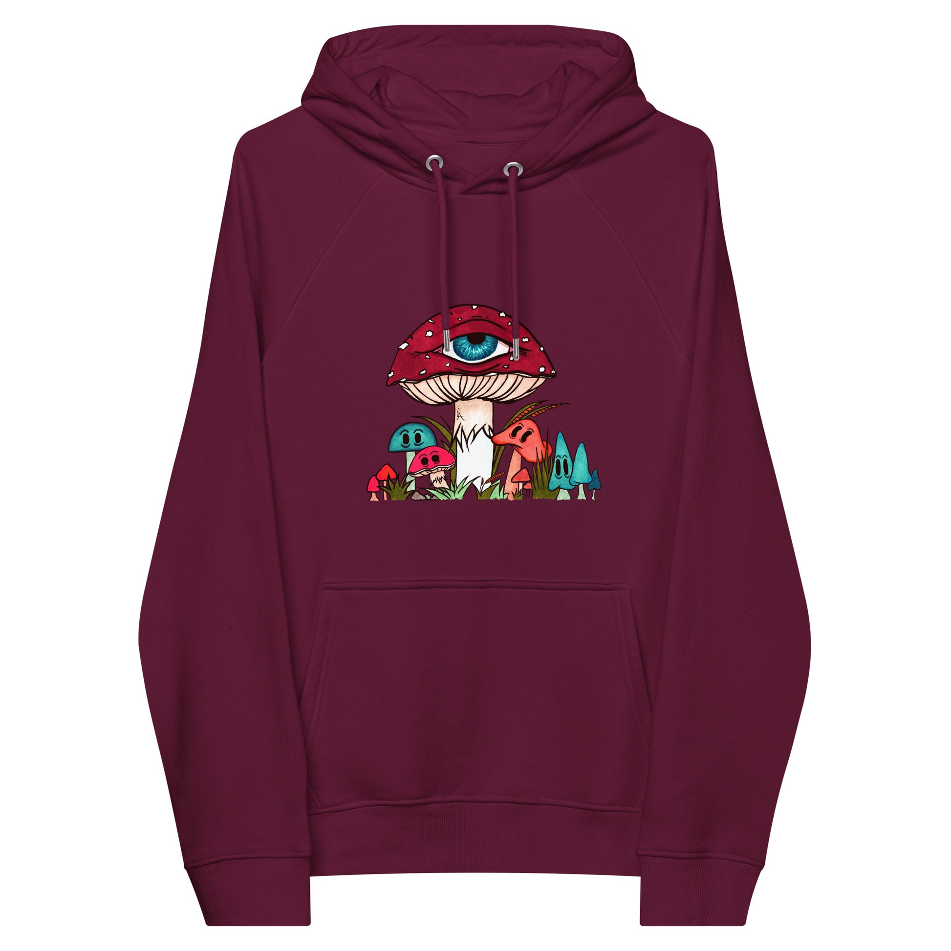 burgundy eco raglan hoodie red and white toadstool mushroom with all seeing eye smaller surrounding blue orange and red mushrooms