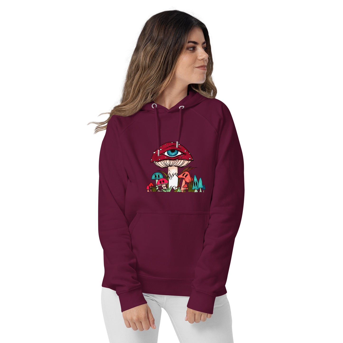 female wears burgundy eco raglan hoodie red and white toadstool mushroom with all seeing eye smaller surrounding blue orange and red mushrooms