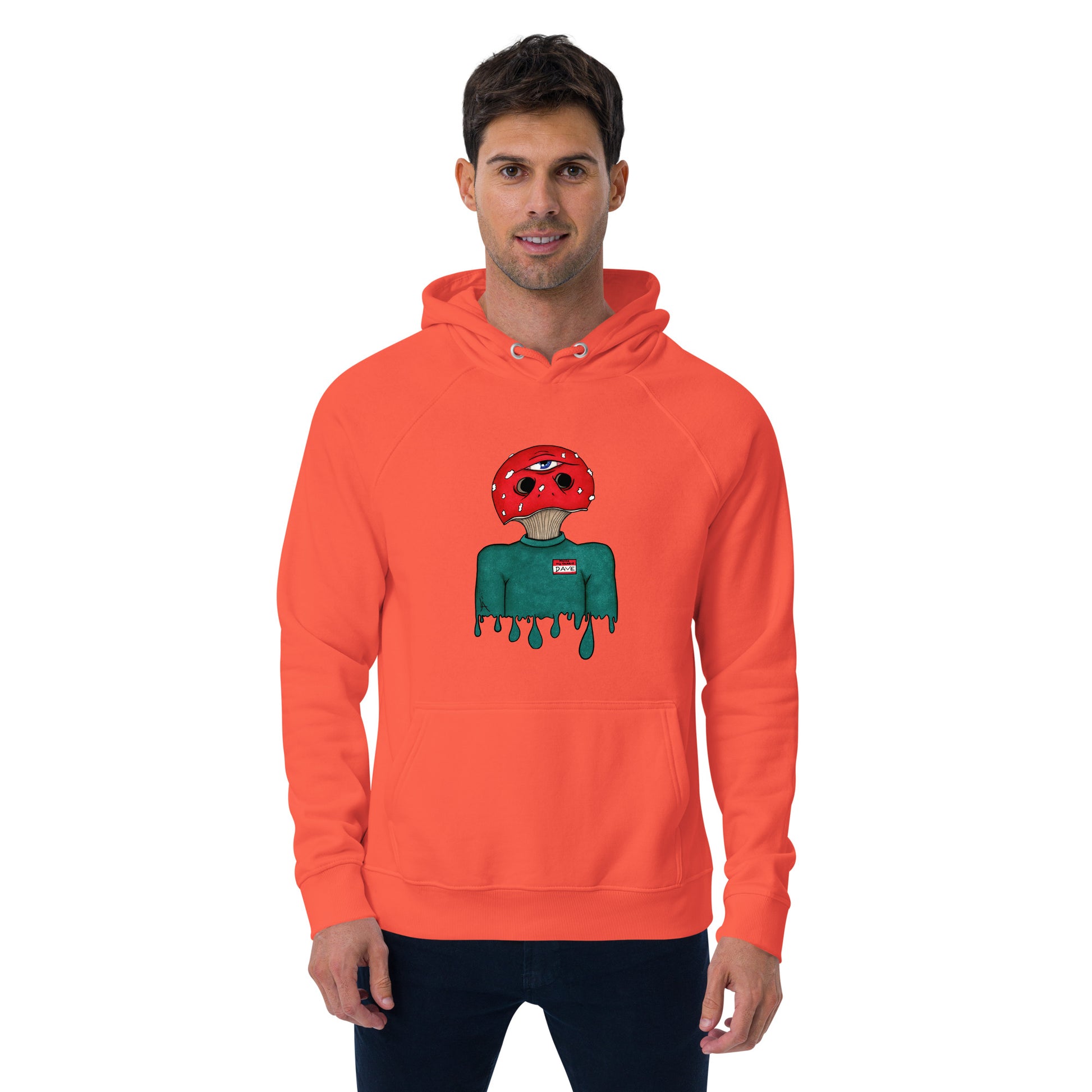 male wears trippy toadstool mushroom man named Dave printed on a burnt orange unisex eco raglan hoodie 