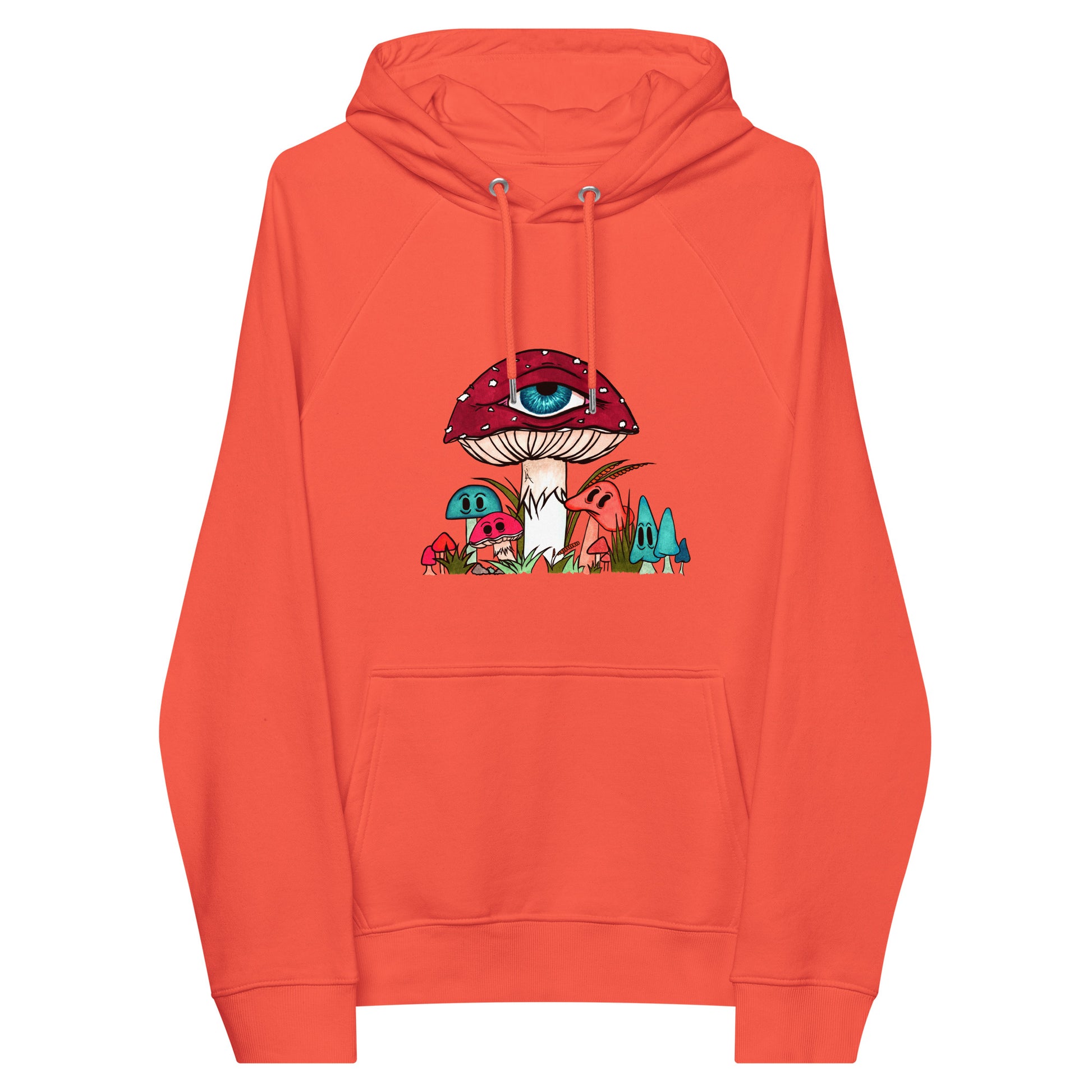 orange eco raglan hoodie red and white toadstool mushroom with all seeing eye smaller surrounding blue orange and red mushrooms