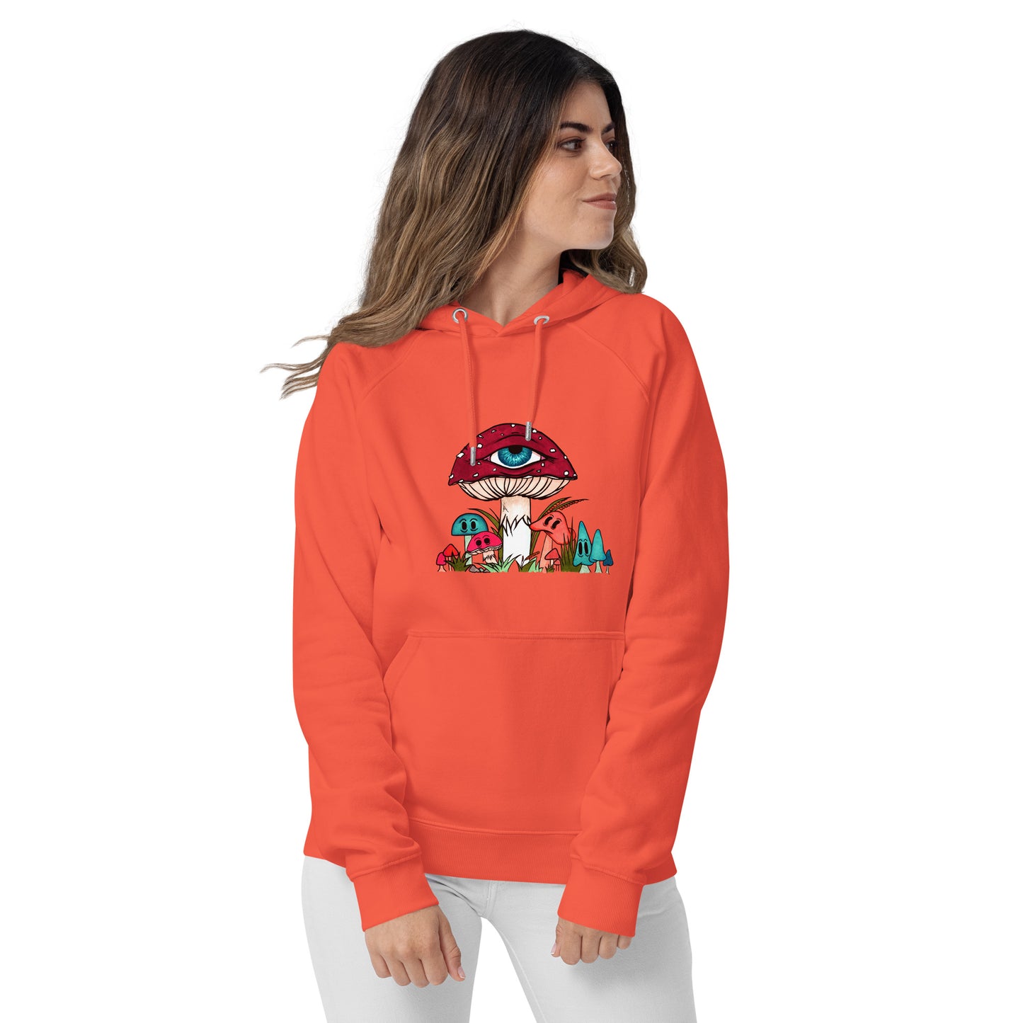 female wears orange eco raglan hoodie red and white toadstool mushroom with all seeing eye smaller surrounding blue orange and red mushrooms