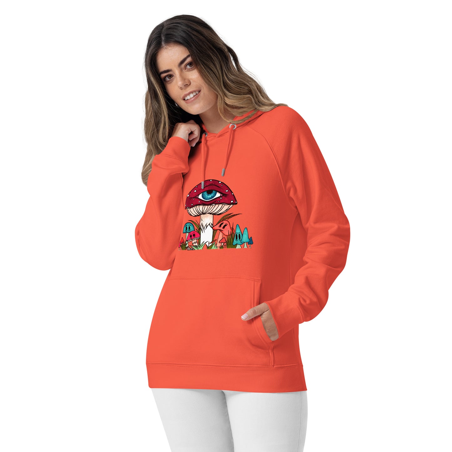 female wears orange eco raglan hoodie red and white toadstool mushroom with all seeing eye smaller surrounding blue orange and red mushrooms