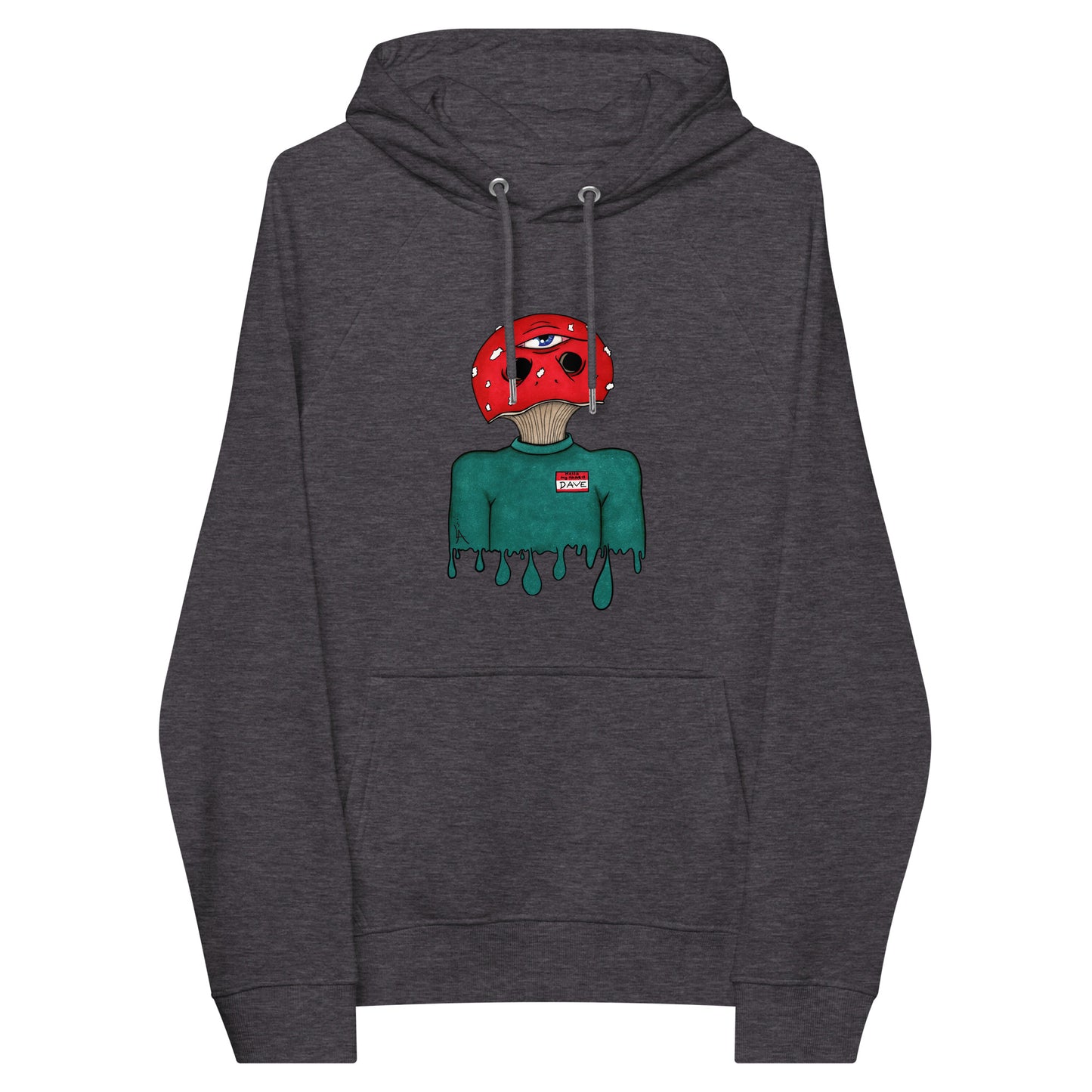 trippy toadstool mushroom man named Dave printed on a charcoal unisex eco raglan hoodie 