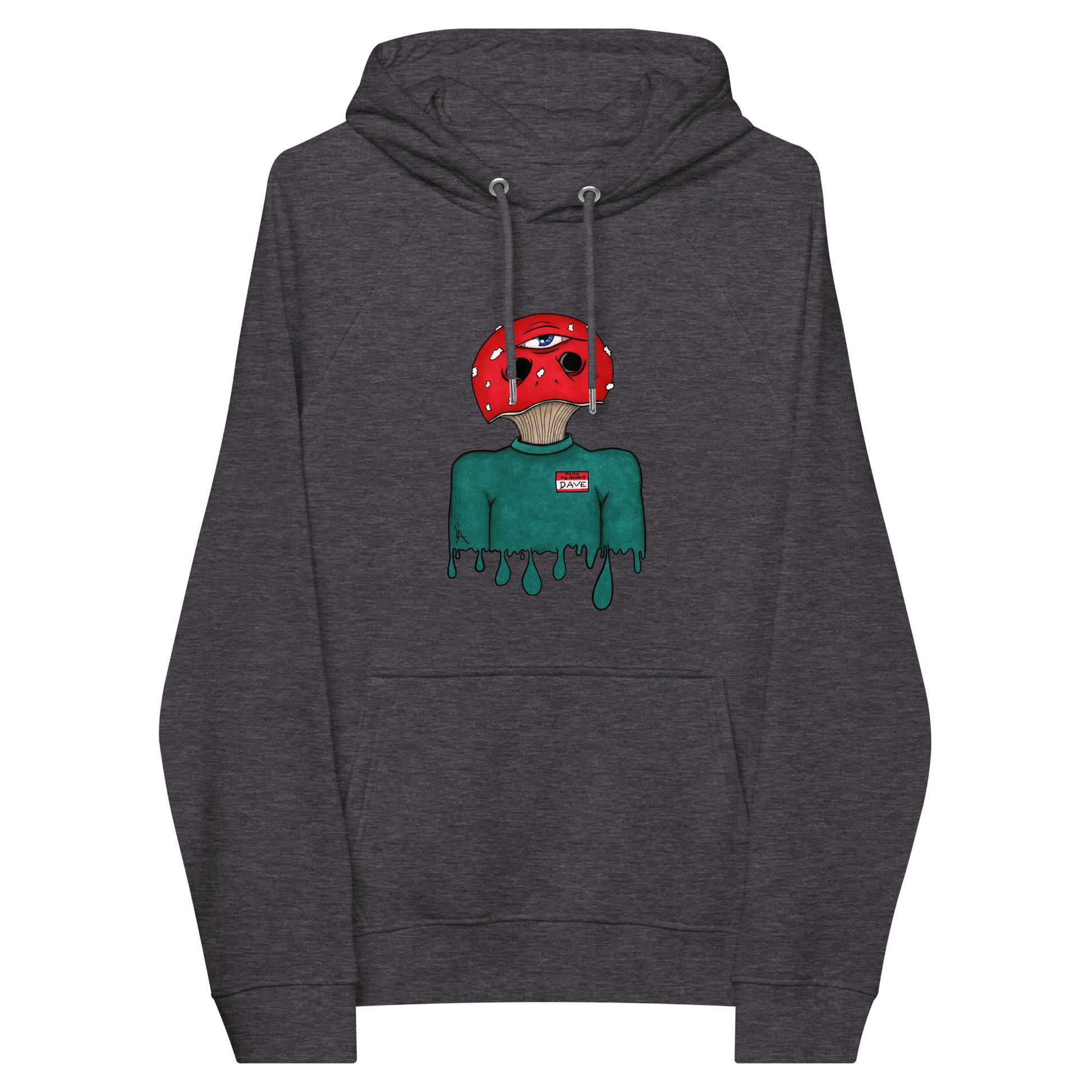 trippy toadstool mushroom man named Dave printed on a charcoal unisex eco raglan hoodie 