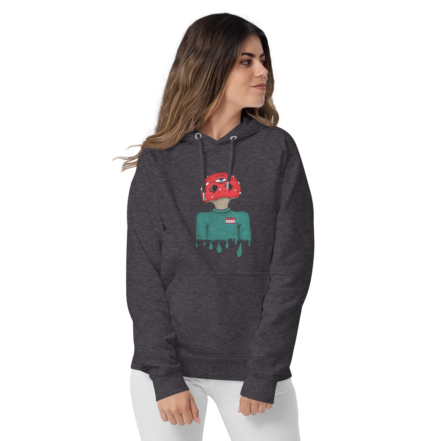 female wears trippy toadstool mushroom man named Dave printed on a charcoal unisex eco raglan hoodie 