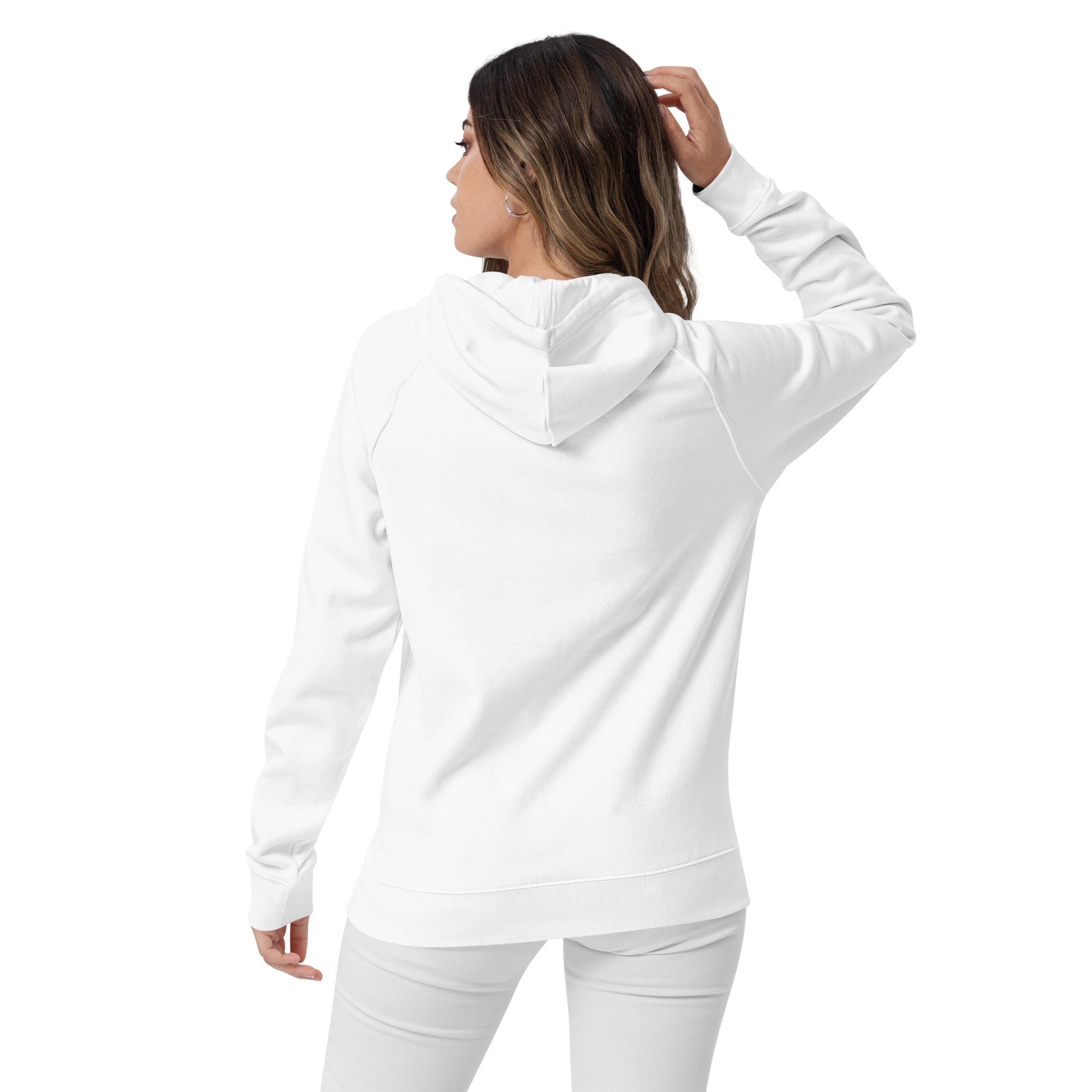 female wears white hoodie back view