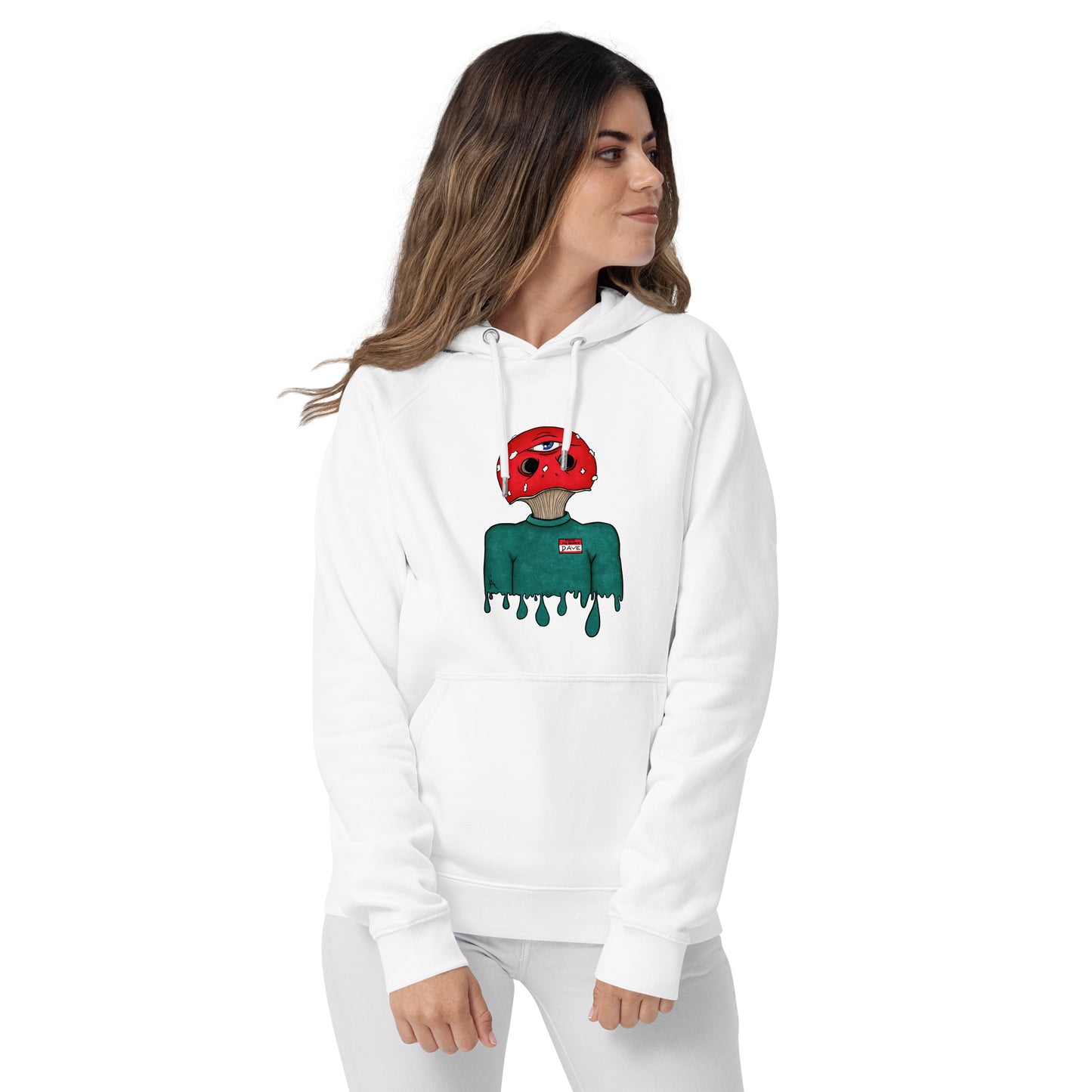 female wears trippy toadstool mushroom man named Dave printed on a white unisex eco raglan hoodie 