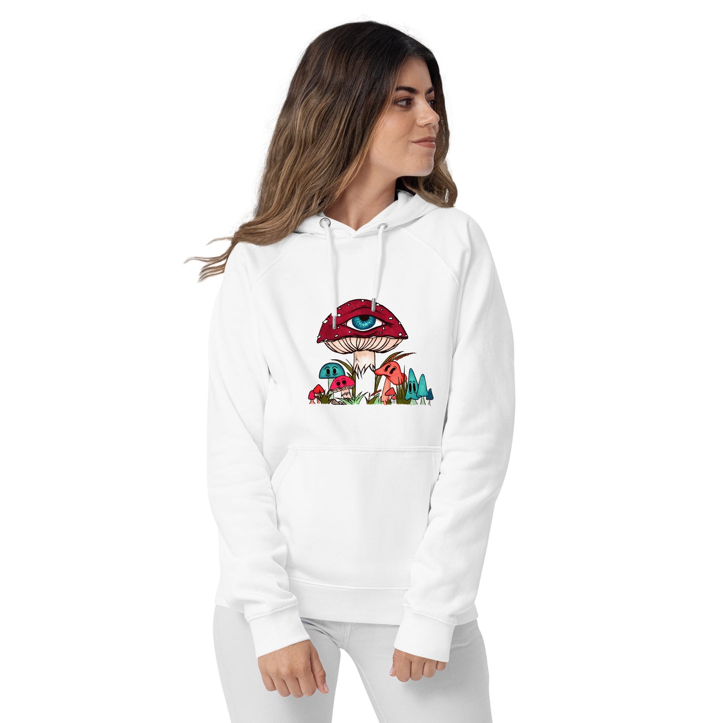 female wears white eco raglan hoodie red and white toadstool mushroom with all seeing eye smaller surrounding blue orange and red mushrooms