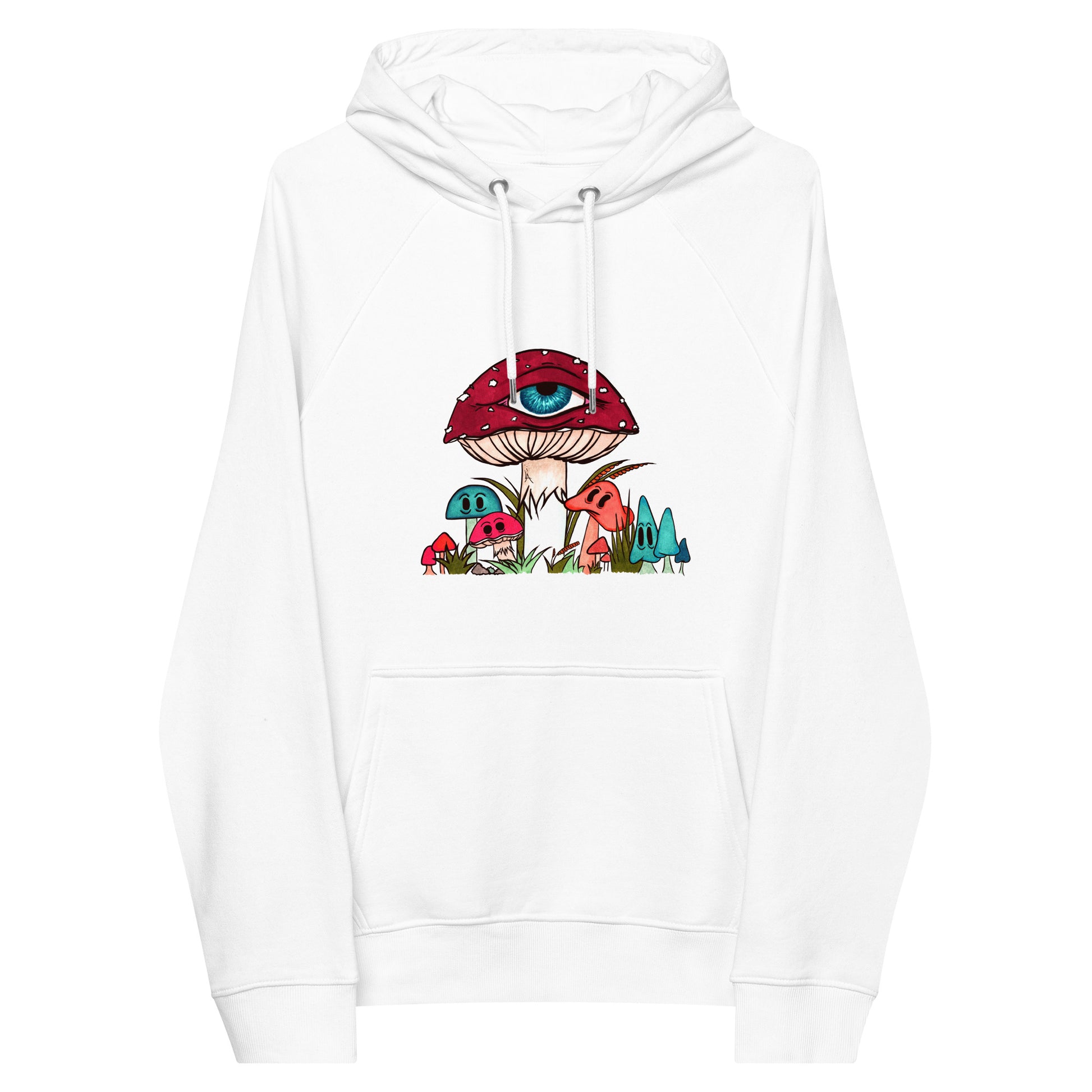 white eco raglan hoodie red and white toadstool mushroom with all seeing eye smaller surrounding blue orange and red mushrooms