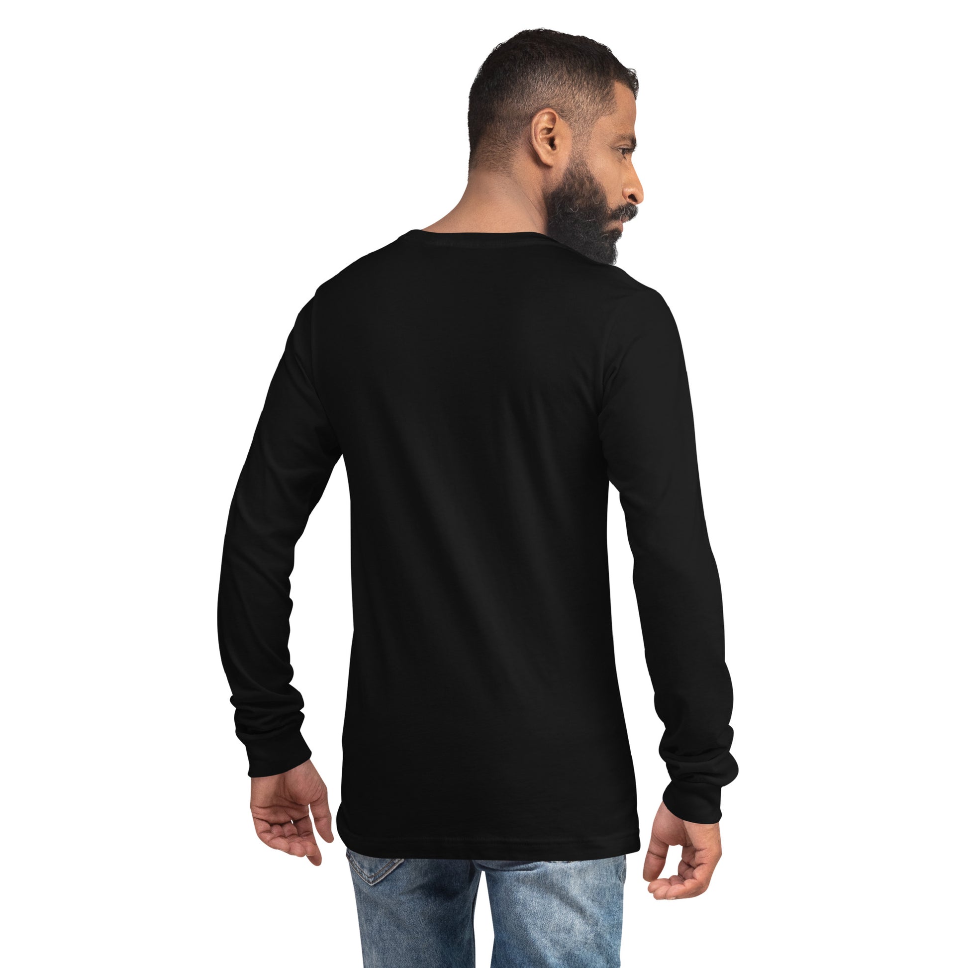 male wears black long sleeve tee back view