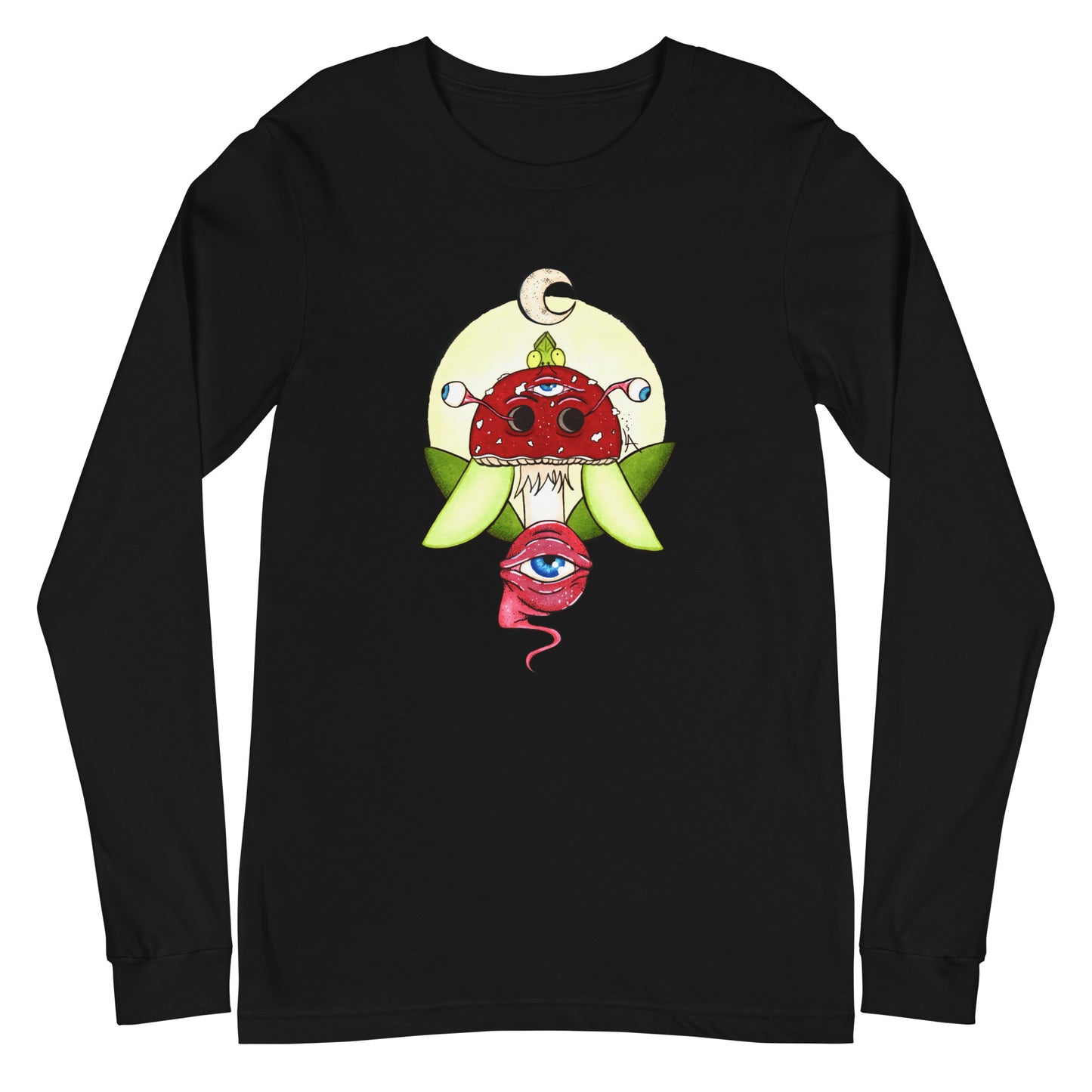 black long sleeve t-shirt psychedelic toadstool mushroom with eyes full moon crescent moon flying insect