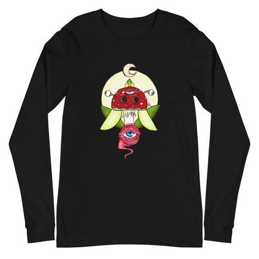 black long sleeve t-shirt psychedelic toadstool mushroom with eyes full moon crescent moon flying insect