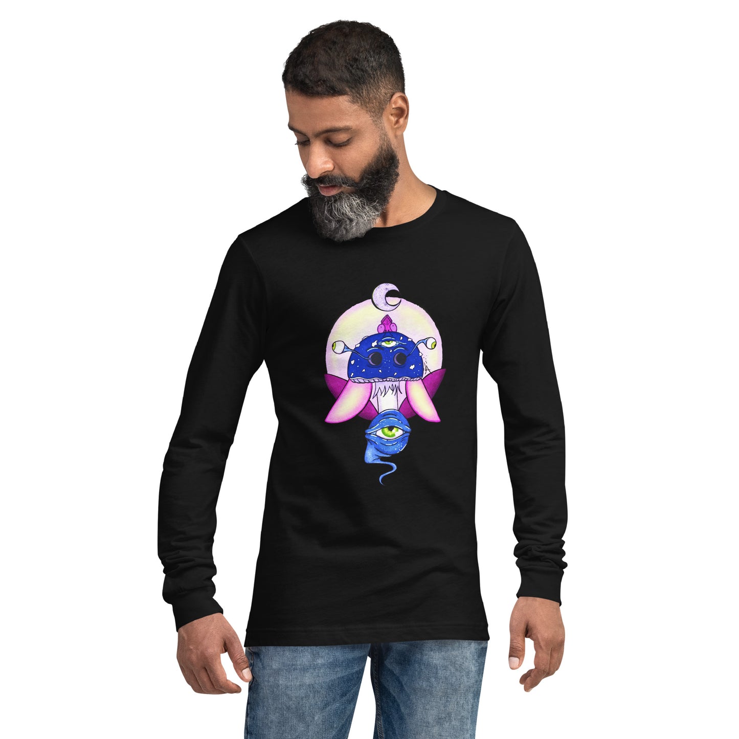 male wears black long sleeve tee psychedelic toadstool mushroom with eyes full moon crescent moon flying insect in winter blue and purple