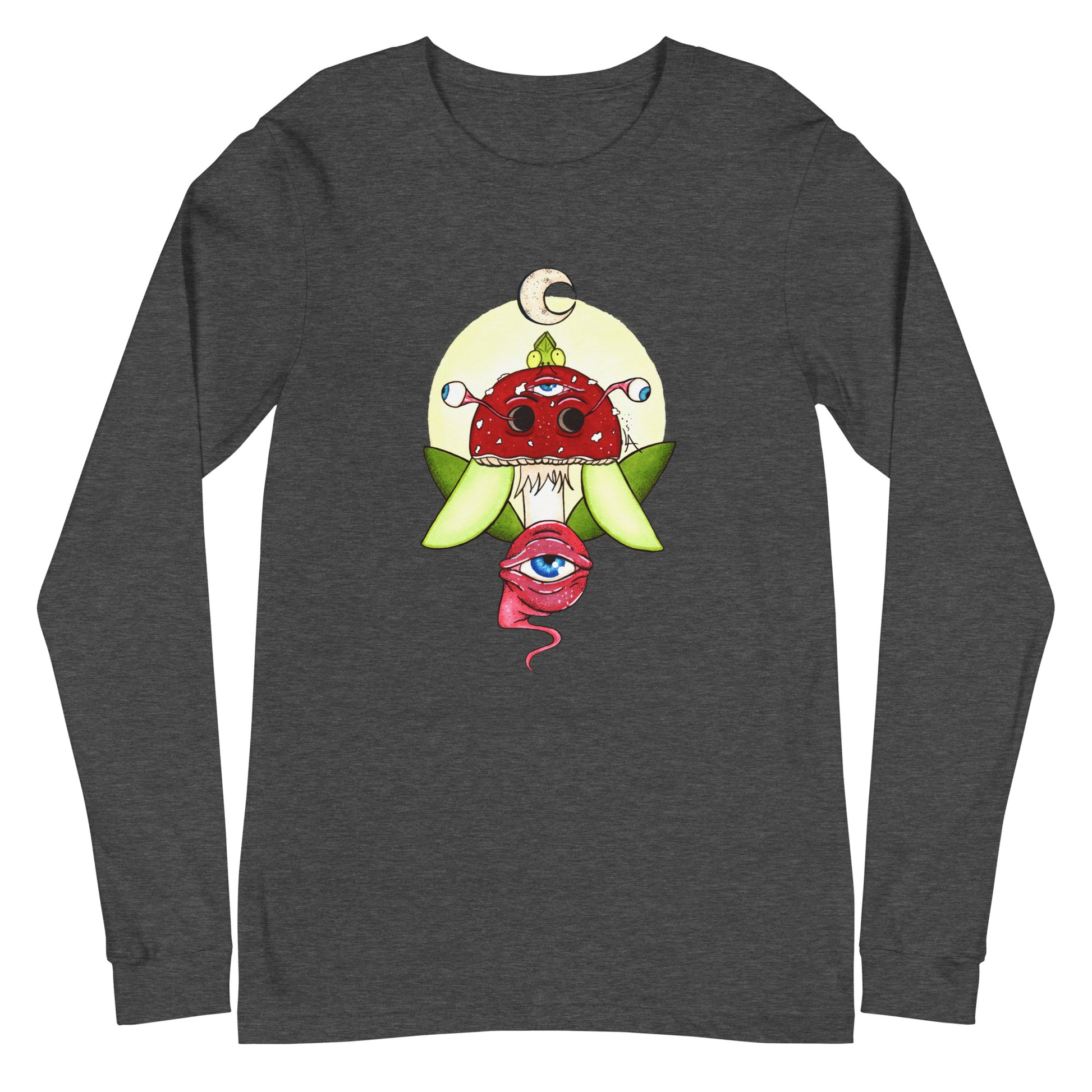 dark grey long sleeve t-shirt psychedelic toadstool mushroom with eyes full moon crescent moon flying insect