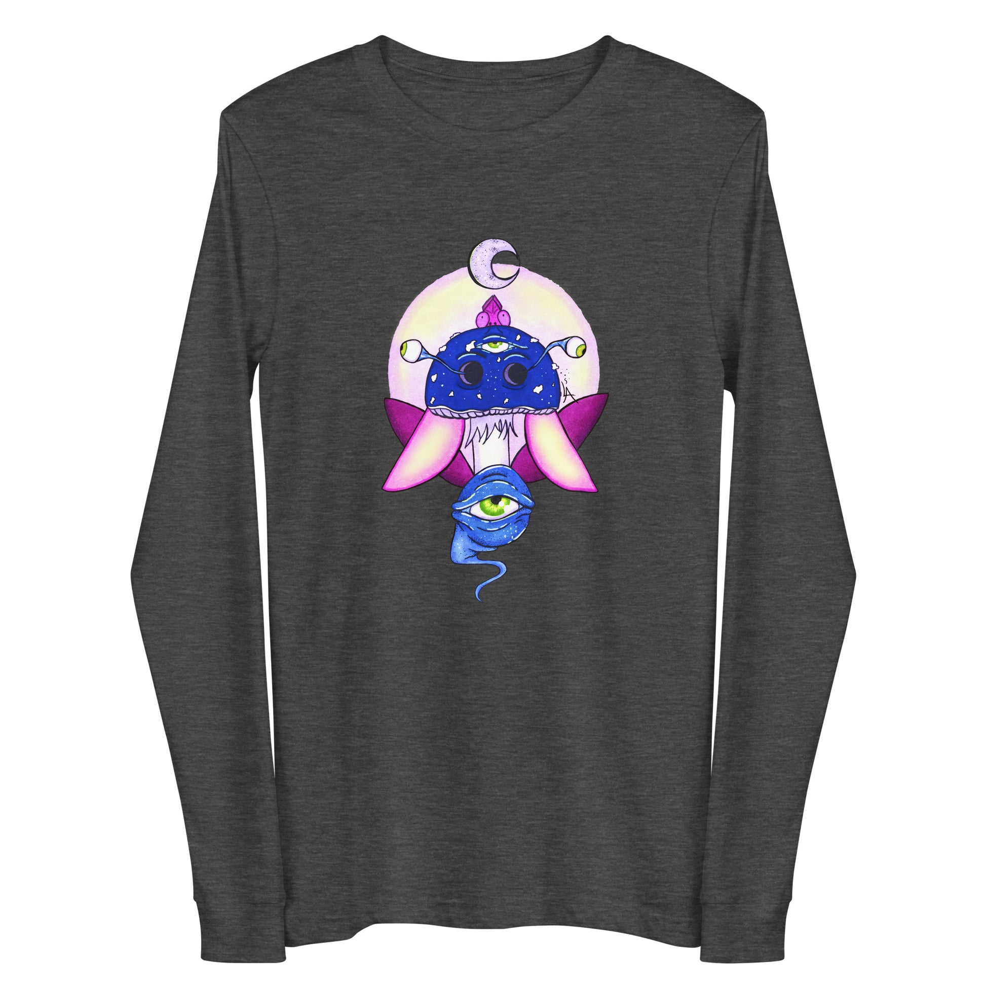 dark grey heather long sleeve tee psychedelic toadstool mushroom with eyes full moon crescent moon flying insect in winter blue and purple