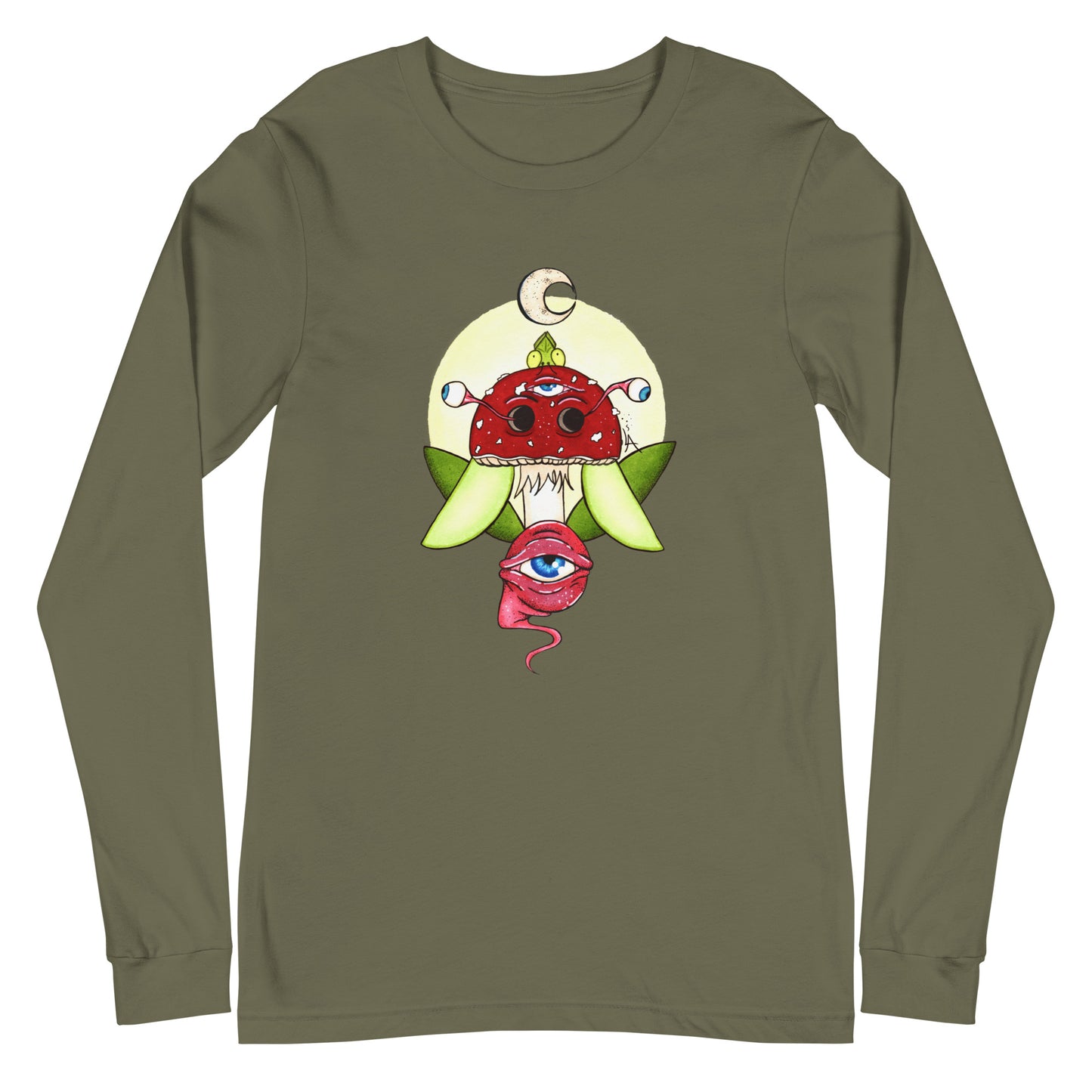 military green long sleeve t-shirt psychedelic toadstool mushroom with eyes full moon crescent moon flying insect