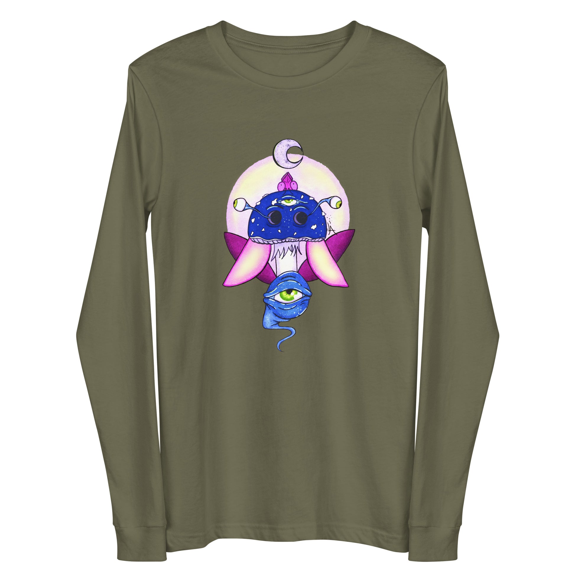 military green long sleeve tee psychedelic toadstool mushroom with eyes full moon crescent moon flying insect in winter blue and purple