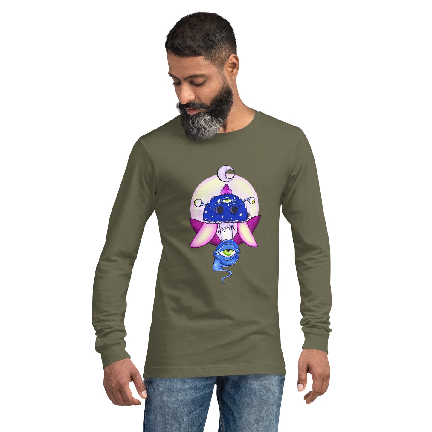 male wears military green long sleeve tee psychedelic toadstool mushroom with eyes full moon crescent moon flying insect in winter blue and purple