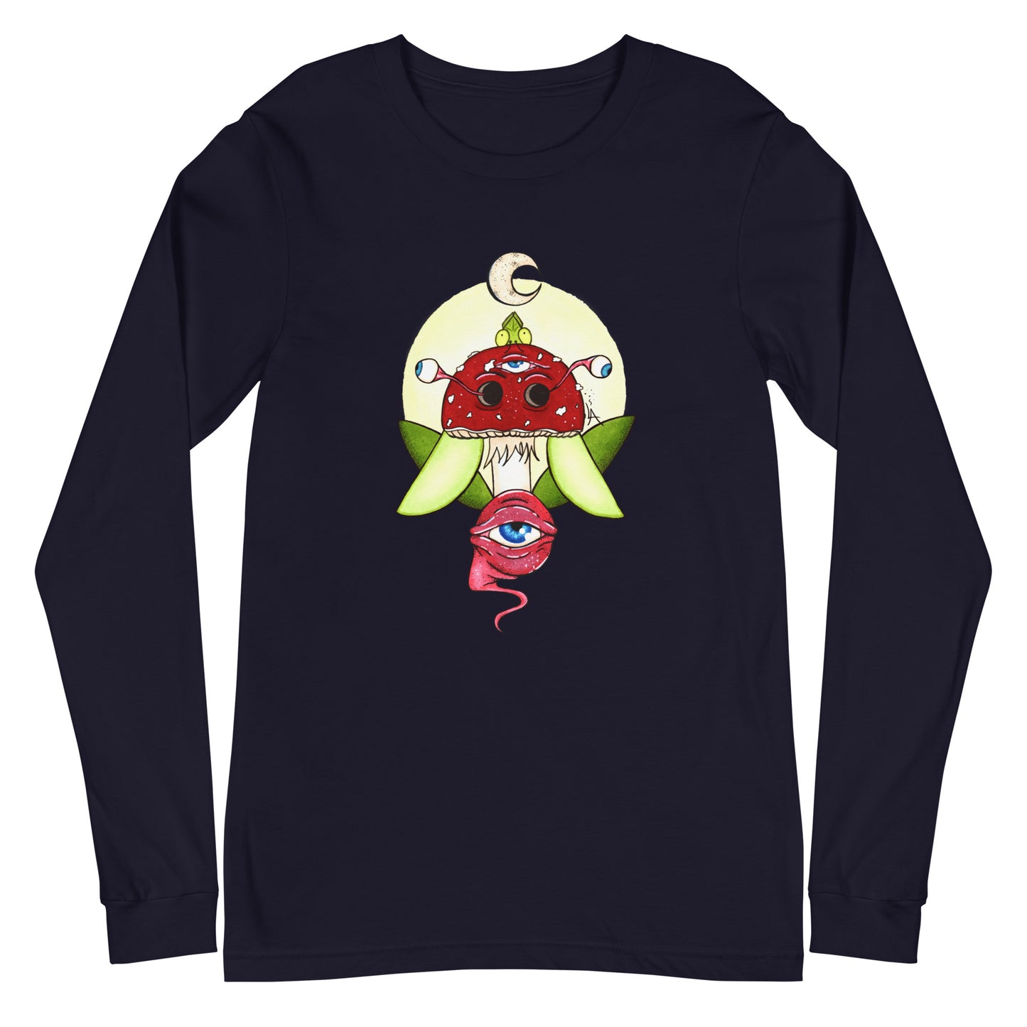 navy long sleeve t-shirt psychedelic toadstool mushroom with eyes full moon crescent moon flying insect