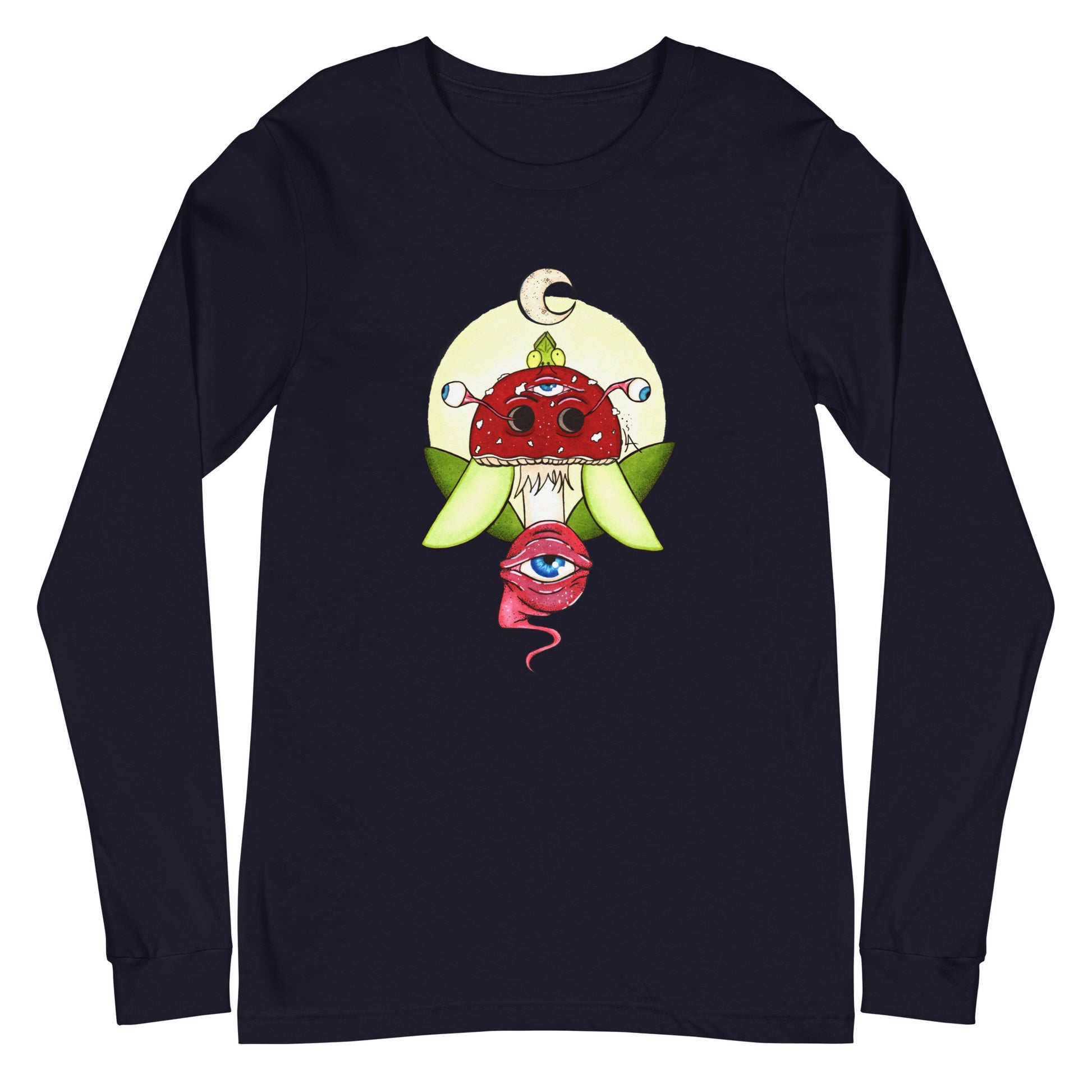 navy long sleeve t-shirt psychedelic toadstool mushroom with eyes full moon crescent moon flying insect