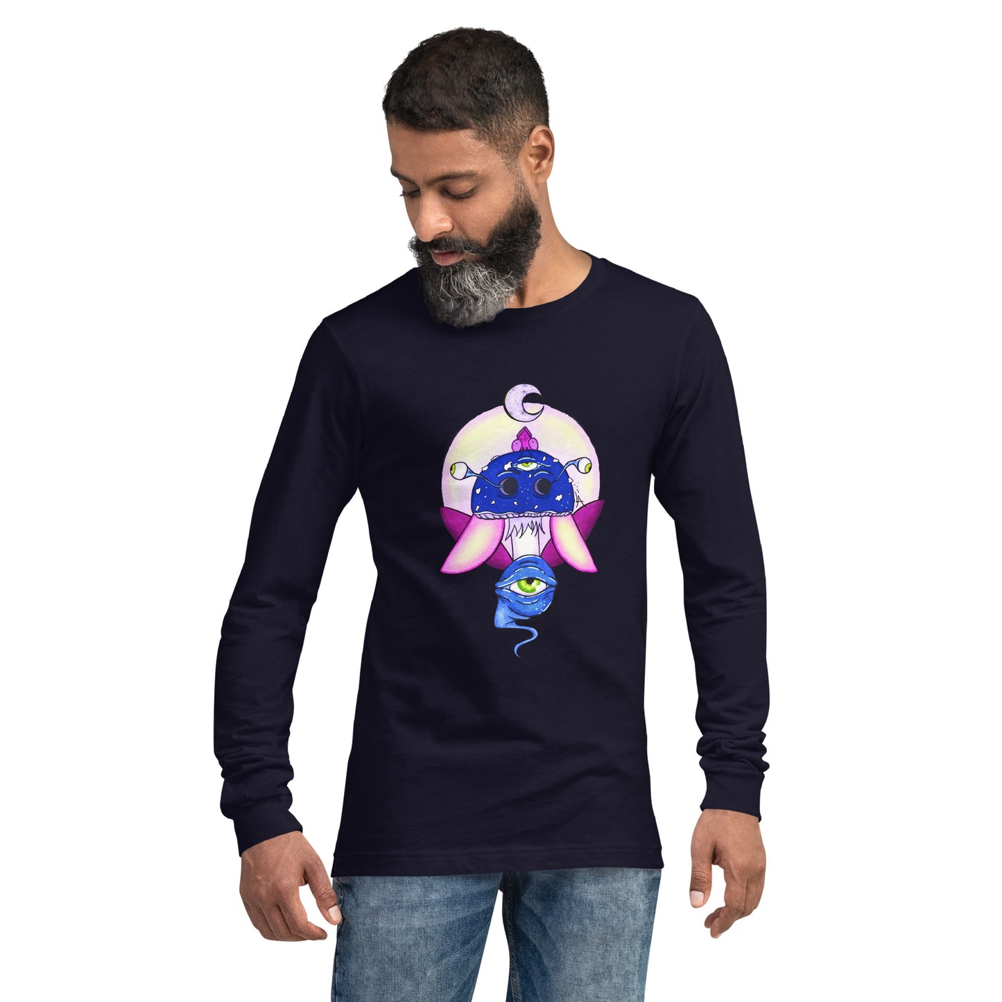 male wears navy long sleeve tee psychedelic toadstool mushroom with eyes full moon crescent moon flying insect in winter blue and purple