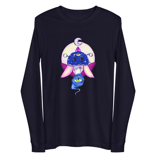 navy long sleeve tee psychedelic toadstool mushroom with eyes full moon crescent moon flying insect in winter blue and purple